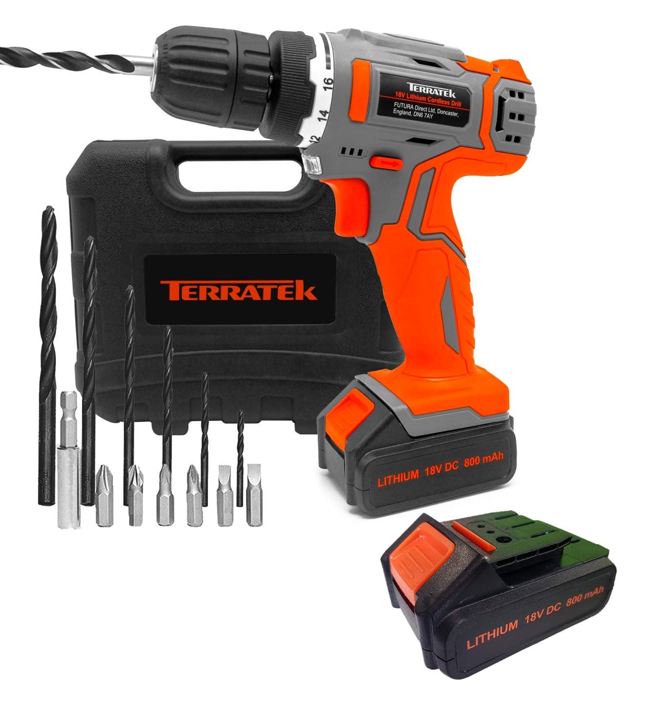 Terratek 13Pc Cordless Drill Driver 2 Batteries 18V/20V-Max Li-Ion Combi Drill in Carry Case, Electric Screwdriver, Accessory Kit, LED Work Light,2 x Quick Change Battery & 1 x Charger Included