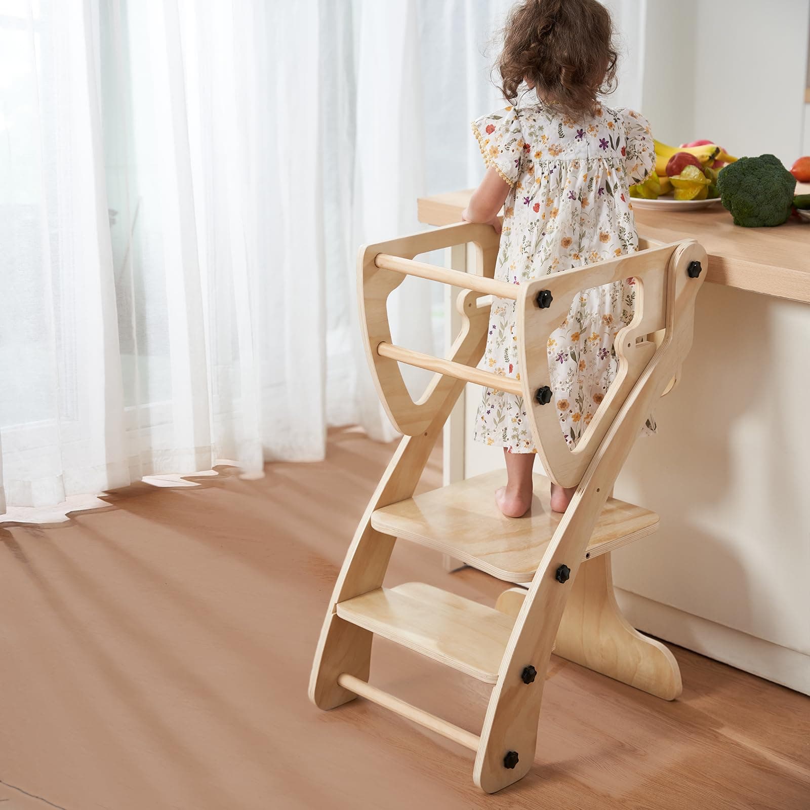 Yacul Solid Wood Toddler Standing Tower, Adjustable Height Kids Step Stool with Safety Guardrails, Convertible Table and Chair Set for Kitchen and Bathroom