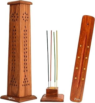SIGNAMIO® 2pcs Square Wooden Agarbatti Stand with Ash Catcher: Premium Incense Stick and Dhoop Holder Set for Pooja Room Decoration - Essential Puja Items for Home Mandir & Agarbatti Storage Box