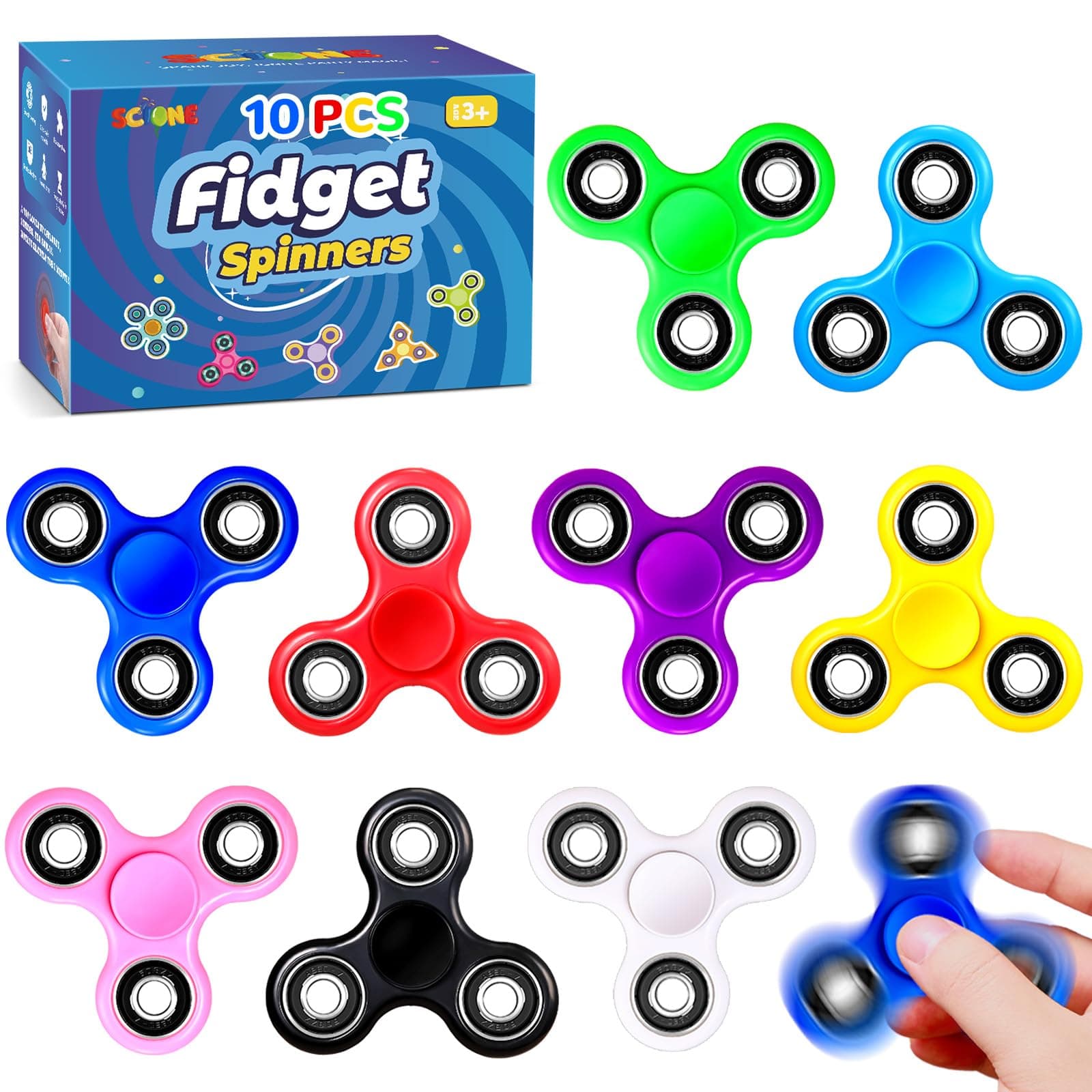 - SCIONE Fidget Spinner Bulk 10 Pack Tri-Spinner Office Desk Classroom ADHD Anti Anxiety Focus Finger Fidget Spinners Stress Relief Toys Gifts for Adults Kids Party Favors Easter Basket Suffers