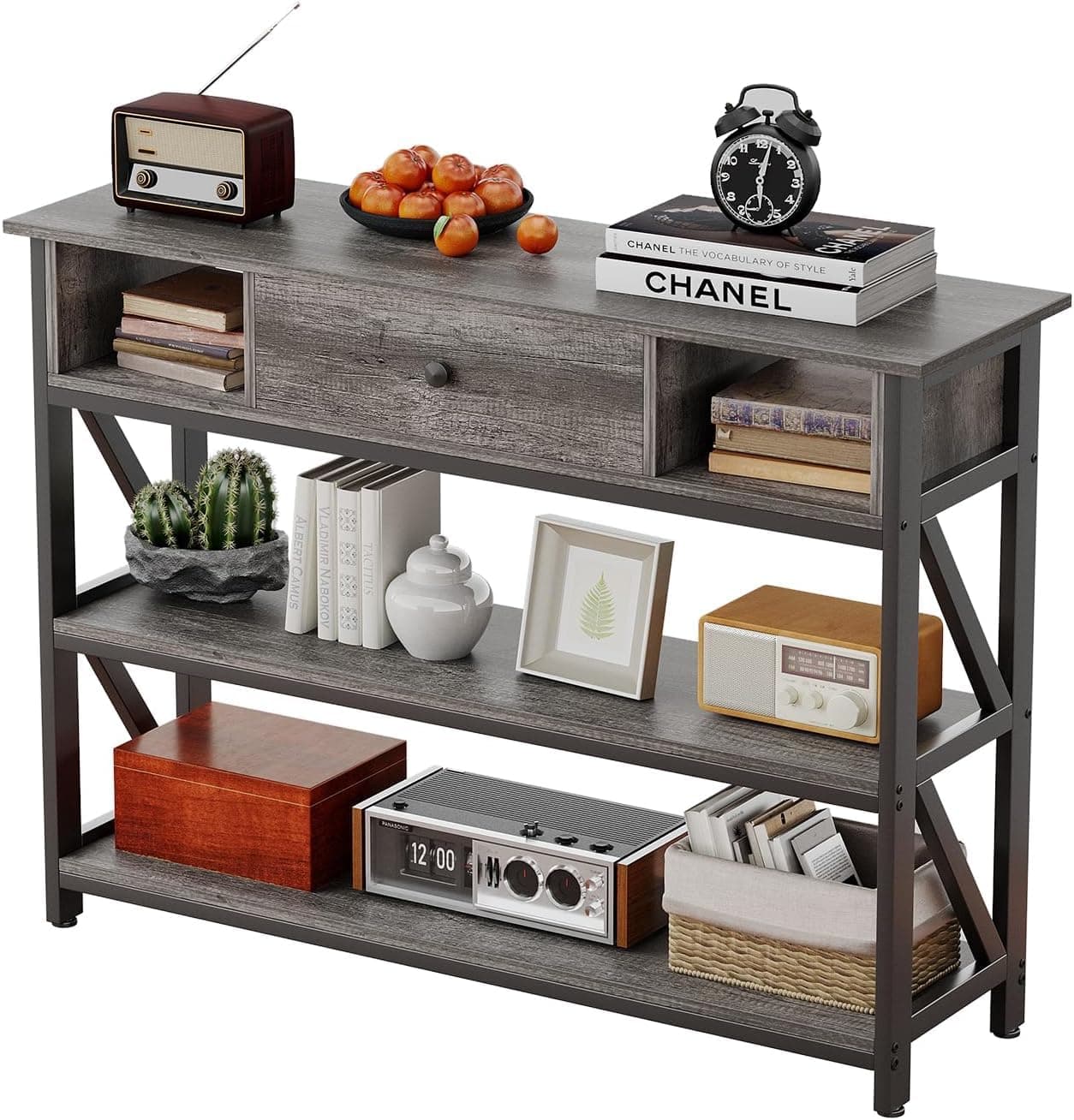 Console Table, Entryway Table with 3-Tier Storage Shelves Boxes, Industrial Wooden Hallway Coffee Table for Living Room, Sofa, Foyer, Kitchen Countertop (Gray Oak, 100×30×79cm)