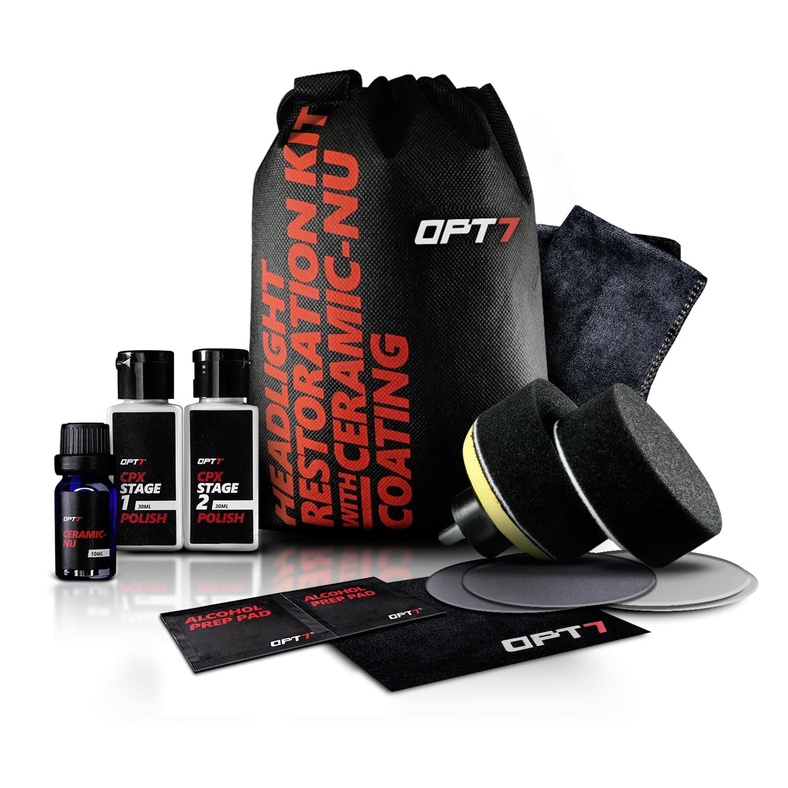 OPT7 Headlight Restoration Kit w/excl Ceramic Nu Coating – Professional Detailers Grade –Lens Polisher Drill Set.