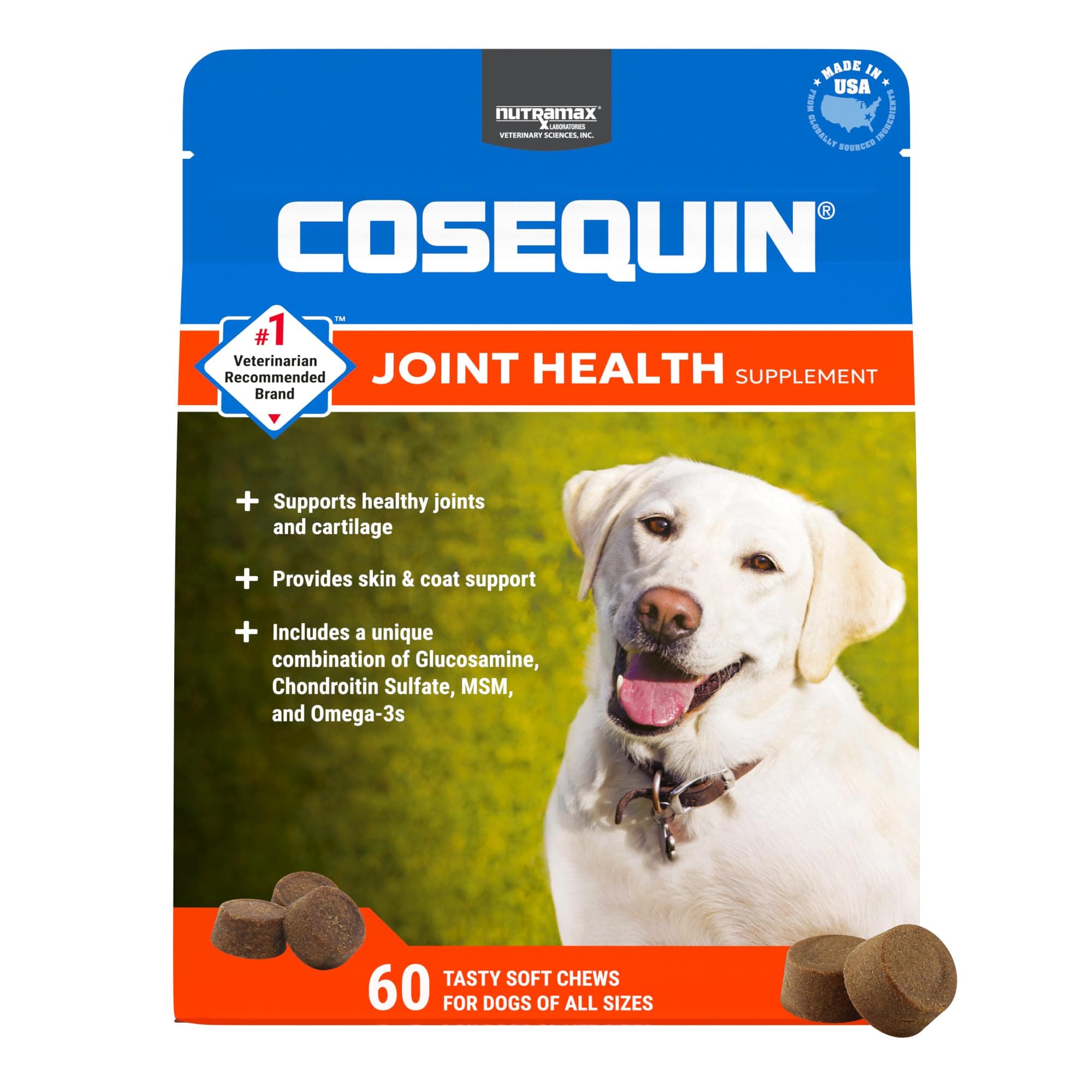 Nutramax Cosequin for Dogs Joint Health Supplement, Contains Glucosamine for Dogs, Chondroitin, MSM and Omega-3s, Supports Joint and Skin and Coat Health, Soft Chews, 60 Count