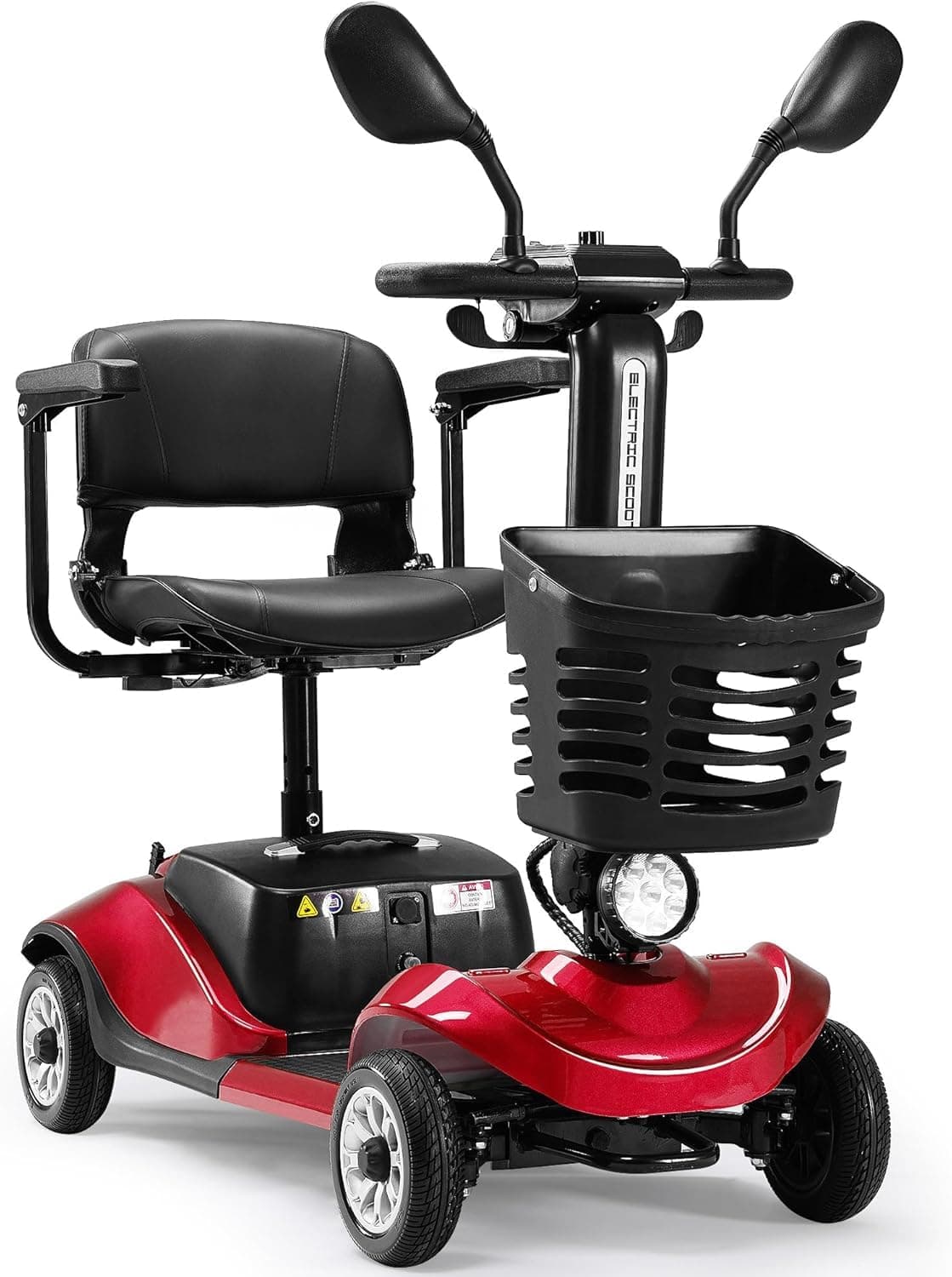 4 Wheel Compact Heavy Mobility with Lights, Battery Powered Electric Mobility Scooter, Electric Transportation Wheelchair, Basket, Extended Battery (Red, 4 Wheel - Compact and Exquisite)