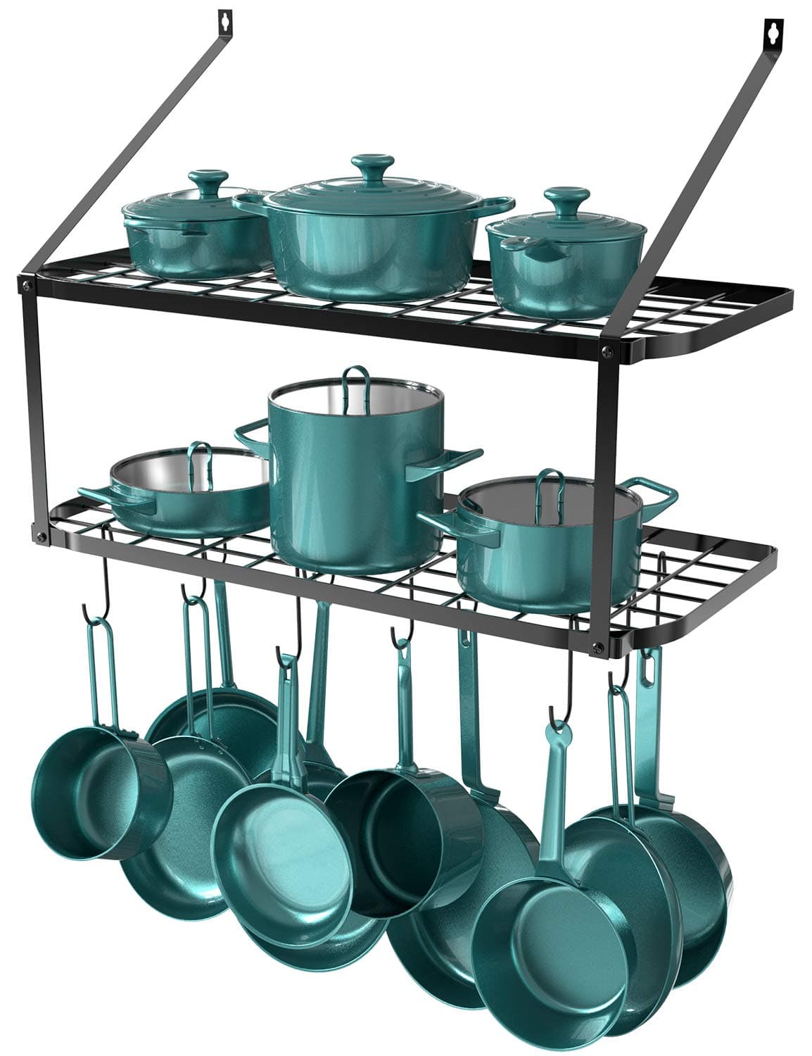 GeekDigg29.5 Inch Wall Mounted Pot Rack Storage Shelf with 2 Tier 10 Hooks Included, Kitchen Pot Racks Hanging Storage Organizer (Black)