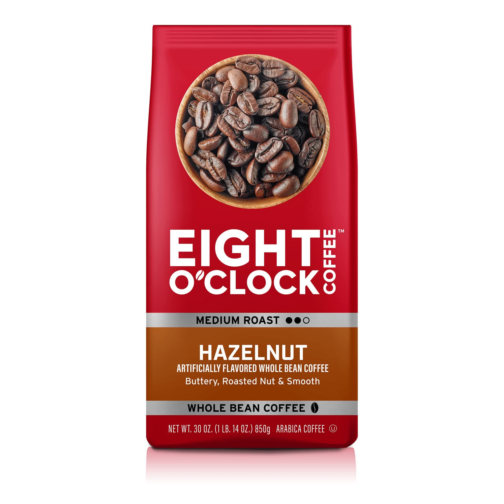 Eight O'Clock Coffee Hazelnut Whole Bean Coffee, Medium Roast, 30 Ounce (Pack of 1) - Buttery, Smooth & Nutty