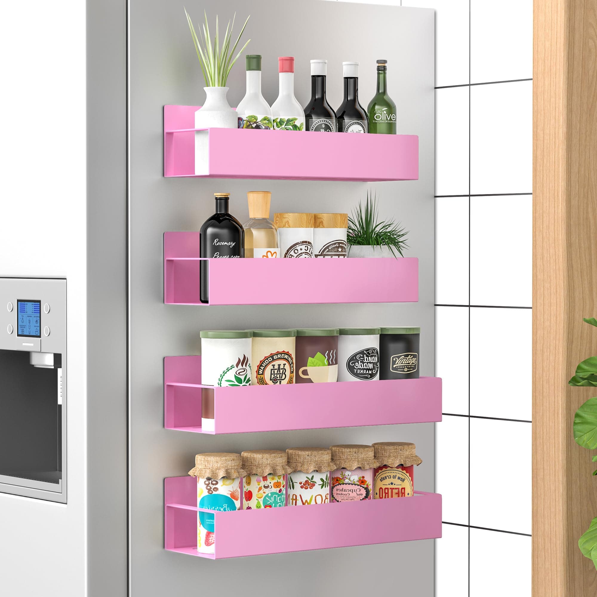 4 Pack Magnetic Spice Storage Rack Organizer for Refrigerator and Oven, Pink Fridge Organizers and Storage