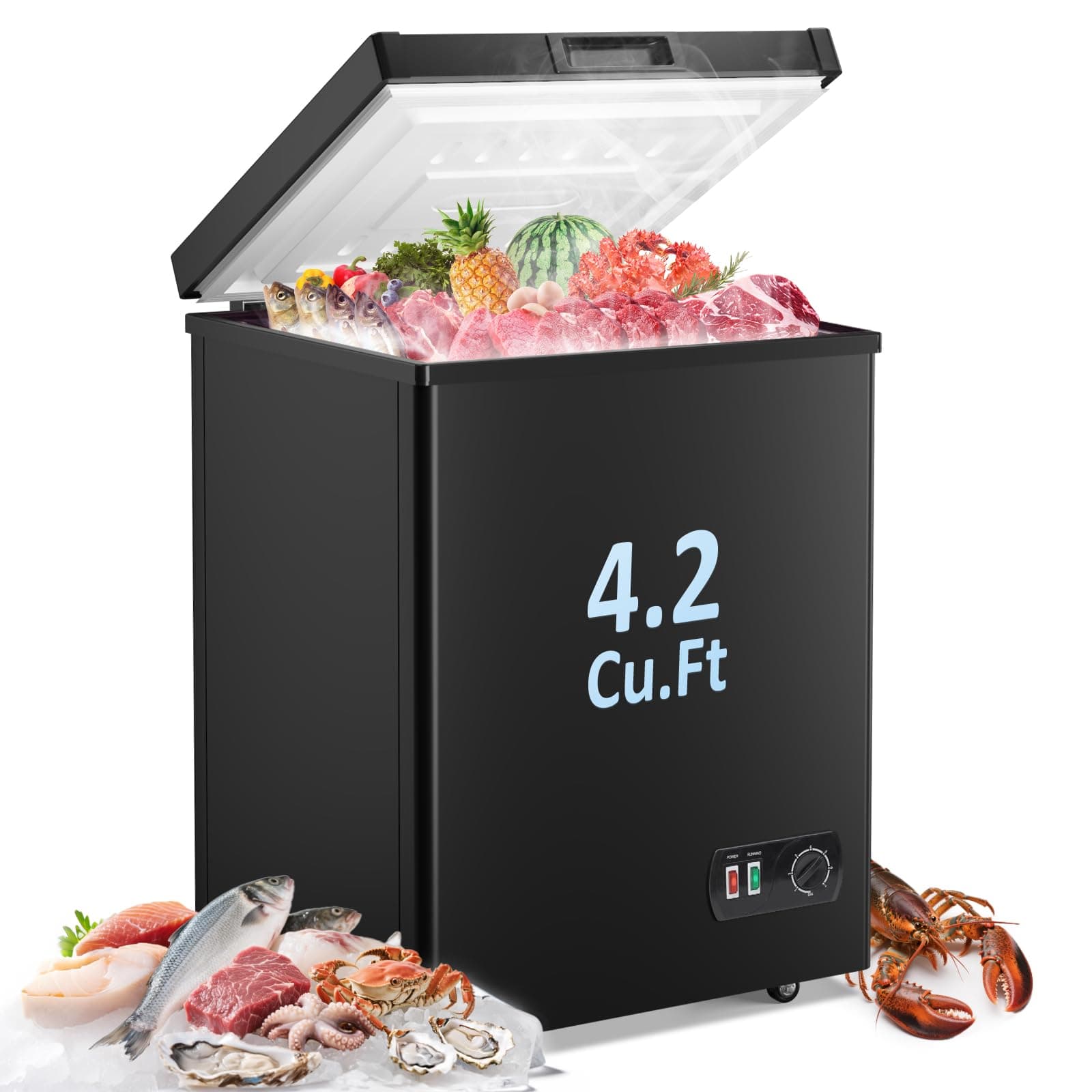 LifePlus Chest Freezer - 4.2 Cubic Feet Deep Freezer Compact Freezer with Fast Cold 7 Adjustable Temperature Convenient Pulley, Small Freezer with Low Noise Energy Saving, Black