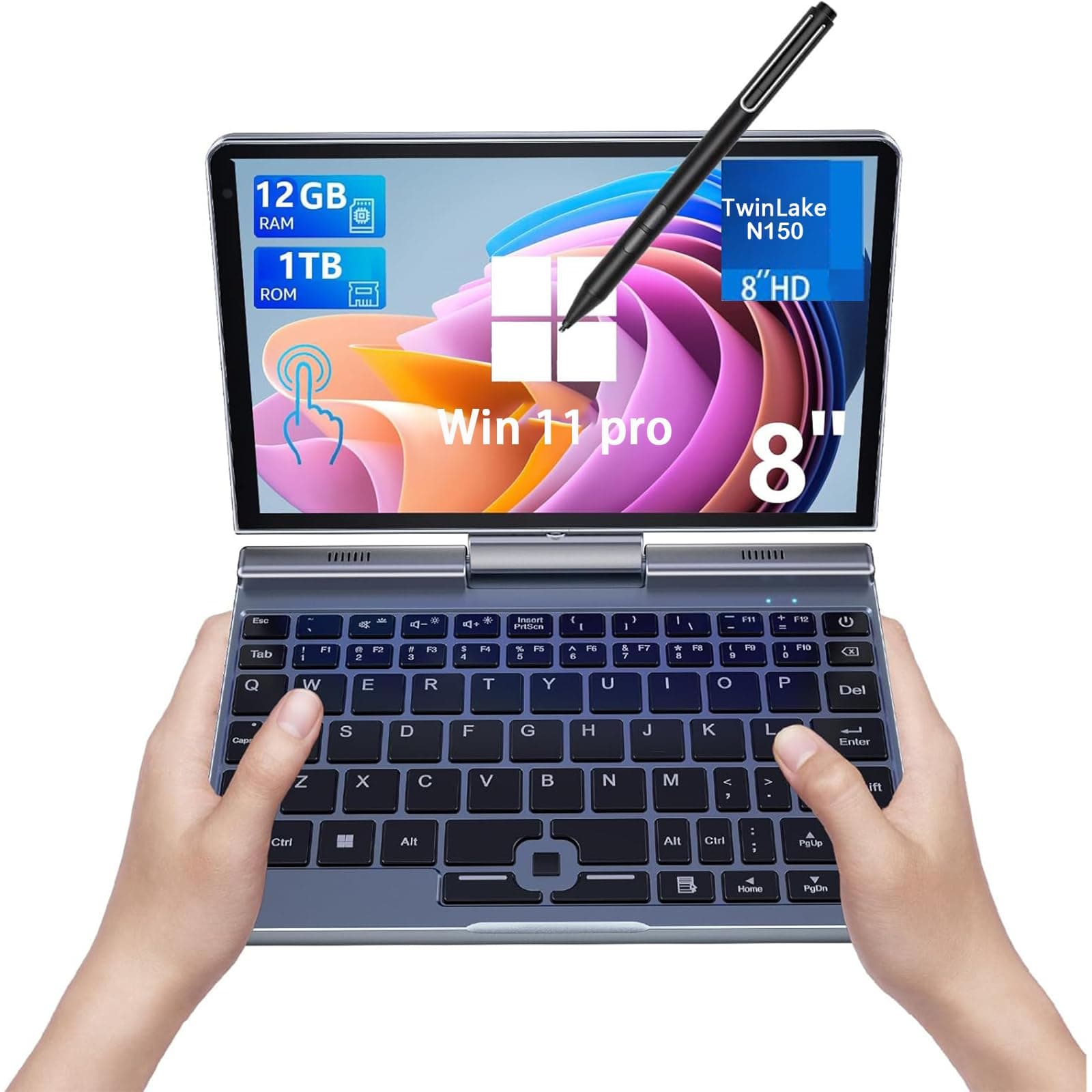 Mini Laptop, Small Laptop Win11 Pro 8 inch HD Touch Screen N150 2-in-1 Pocket PC 12GB LPDDR5 RAM, 512GB/1TB SSD Wi-Fi 6,BT 5.2,HDMI,2MP Camera Convertible Laptop(N150-12GB+1TB)