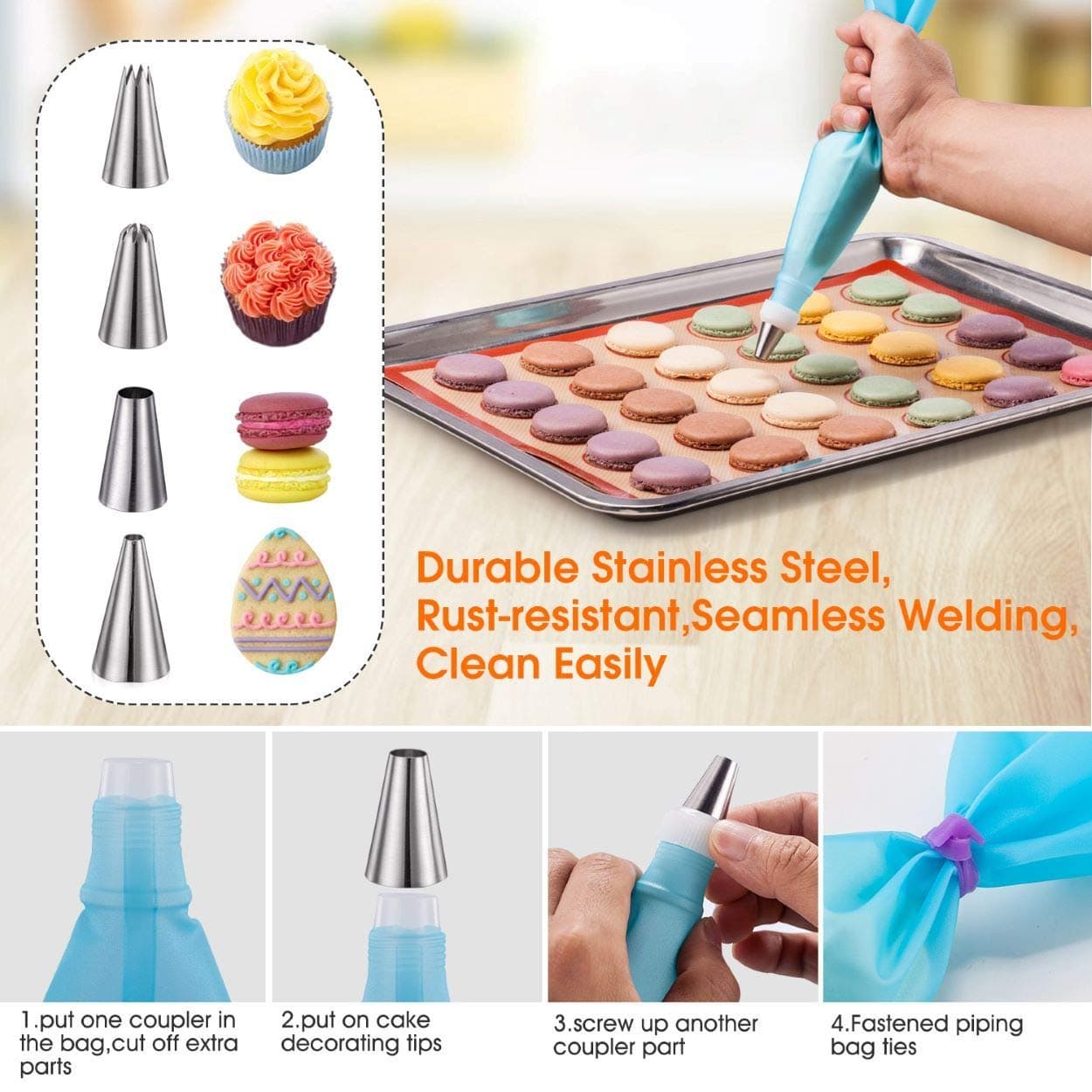 Macaroon Baking Kit Silicone Mat - Macaroon Baking Set Silicone Baking Mat 1 Quarter Sheet and 2 Half Sheet Macaron Baking Mat,Macaron Mat Baking Sheet,2 Piping Pastry Bag with Bag Tie,6 Piping Tips