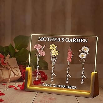 Ship Next Day Personalized Mother's Day Birthday Gifts for Mom, Customized Birth Month Flower Mothers Garden with Acrylic Light Up Picture Frame for Mom Wife Mother's Day Birthday Gifts from Daughter