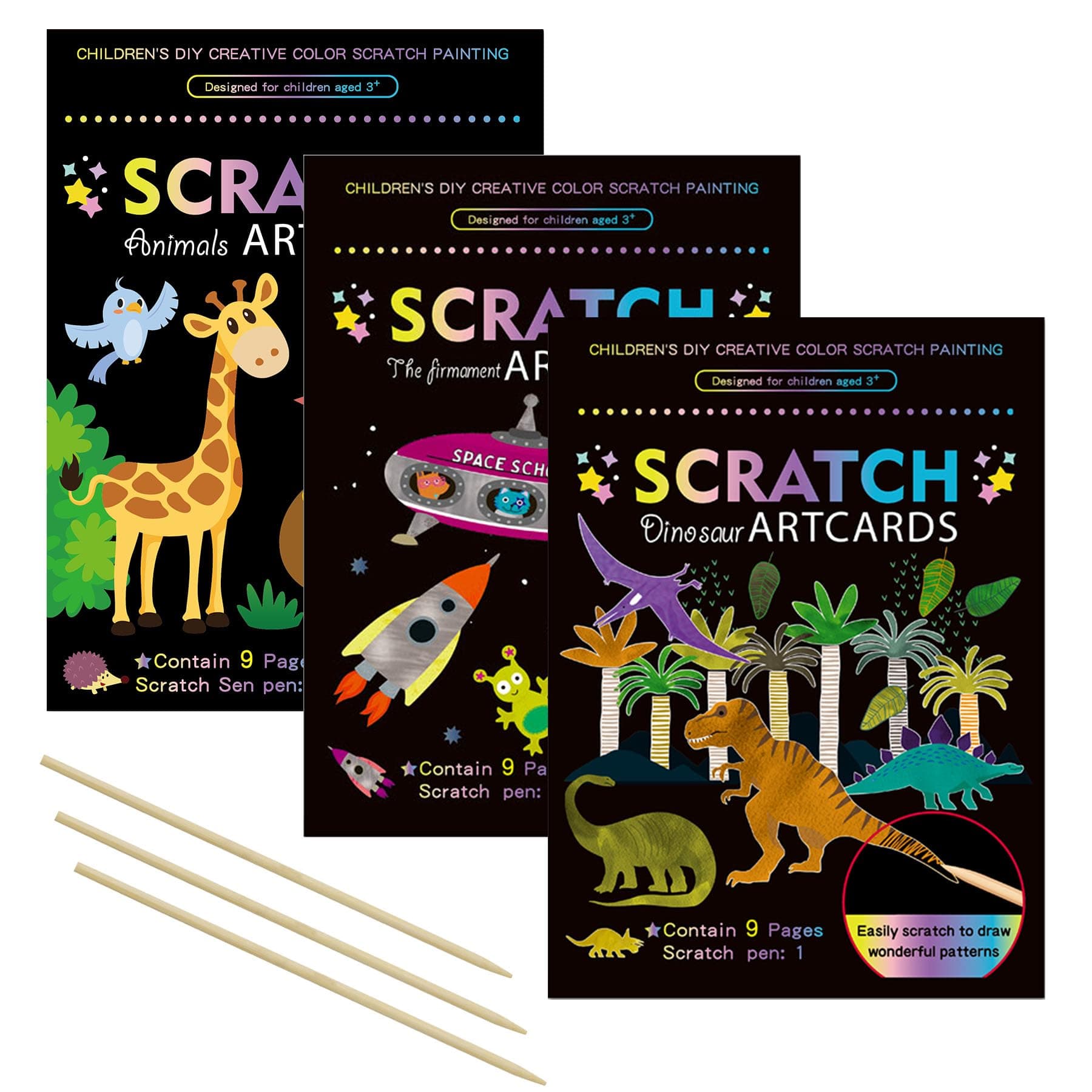3 Set Magic Scratch Paper Art, Colorful Magic Drawing Art Book with 3 Scratch Pen for Birthday Halloween Christmas Party Games Projects Kits （Dinosaurs/Spaceman/Giraffe）