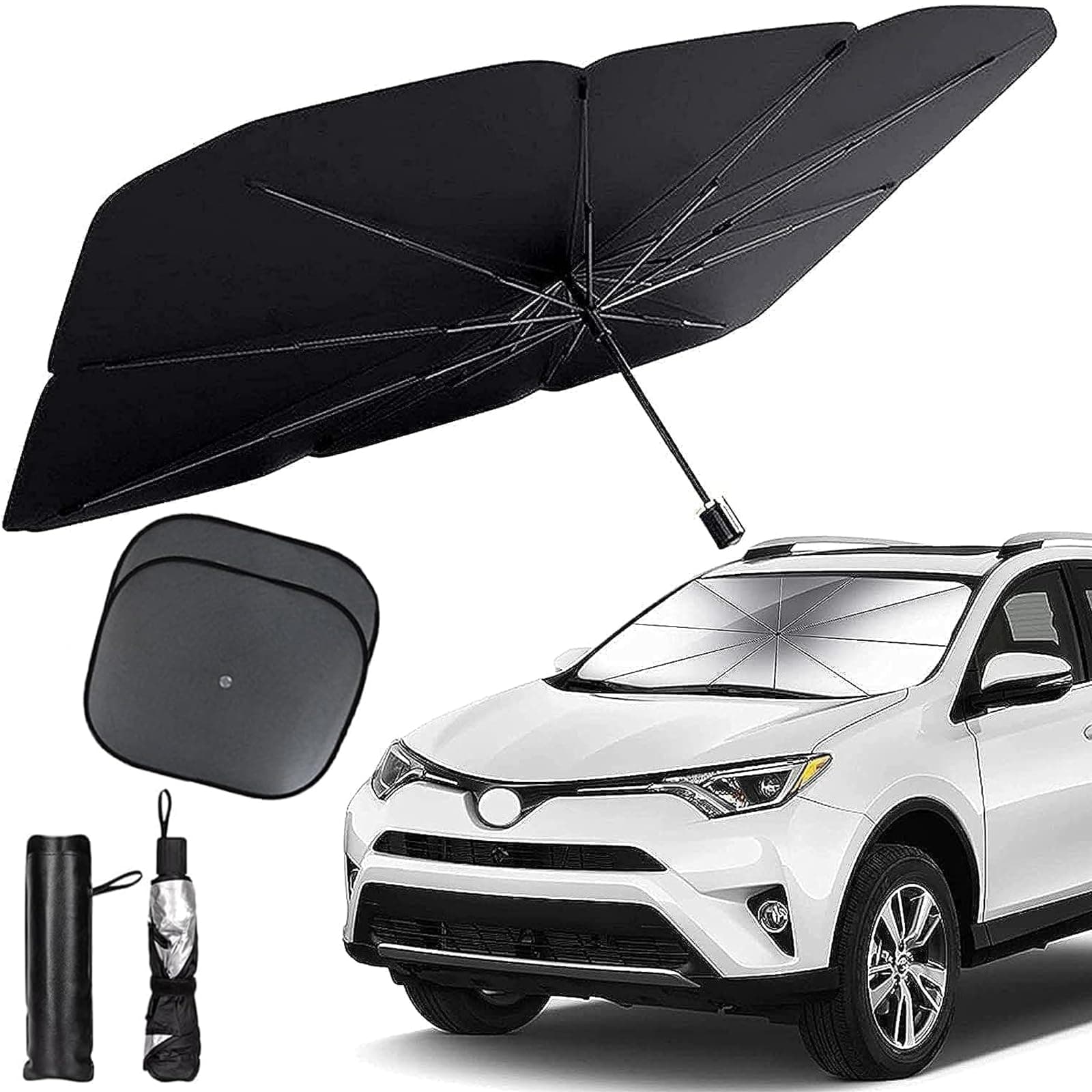 Plexaris Car Window Sun Shade, Shade Protector, Foldable Shades For Front And Rear Windshield Protection, Applicable Most (With Two Mesh Sunshades)