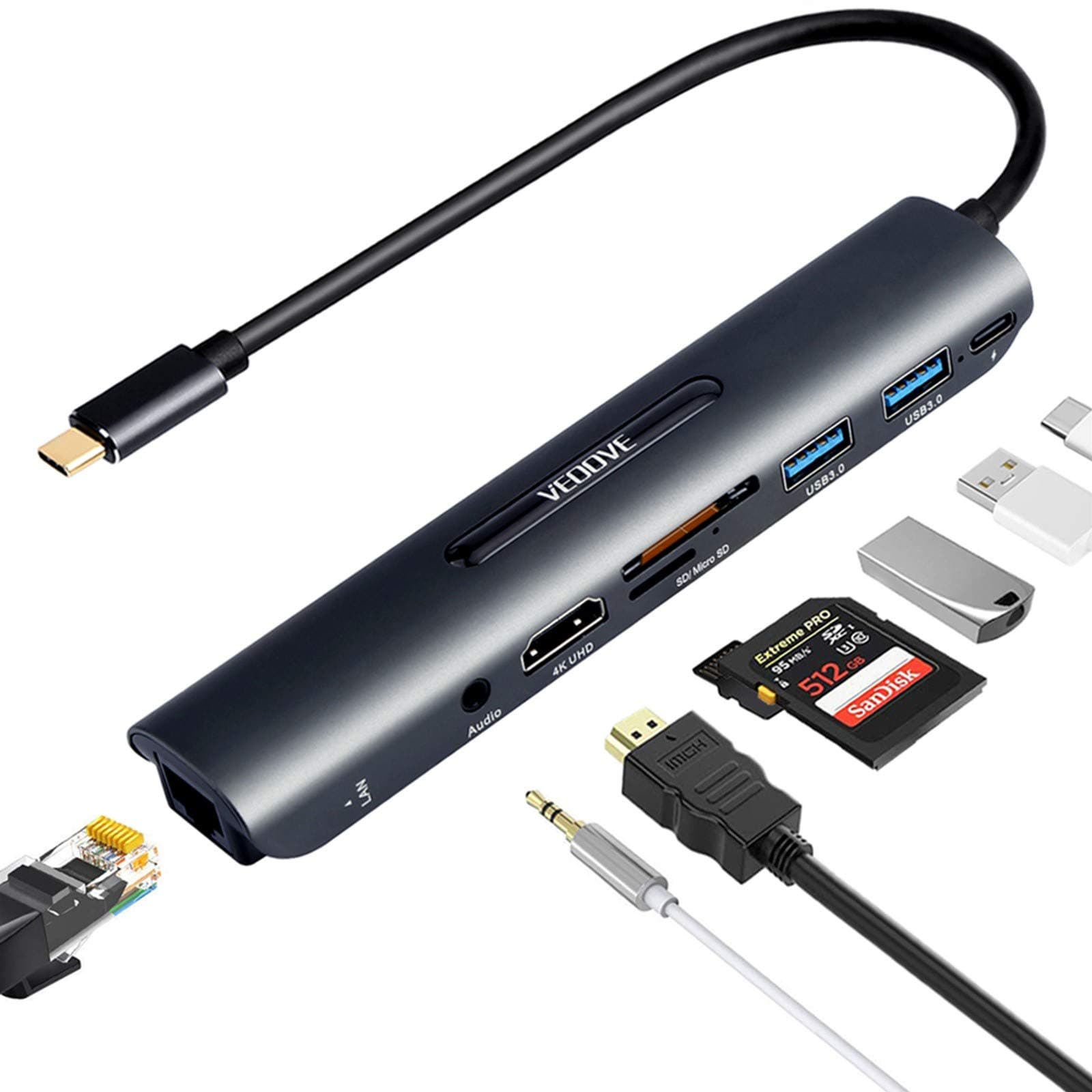 USB C Hub Ethernet HDMI Adapter, 8-in-1-USB-C-Hub-HDMI-Audio-SD-Card Readers 87W PD Compatible for Samsung Dex/Nintendo and Type C /Thunderbolt3 Devices (Dark Grey)