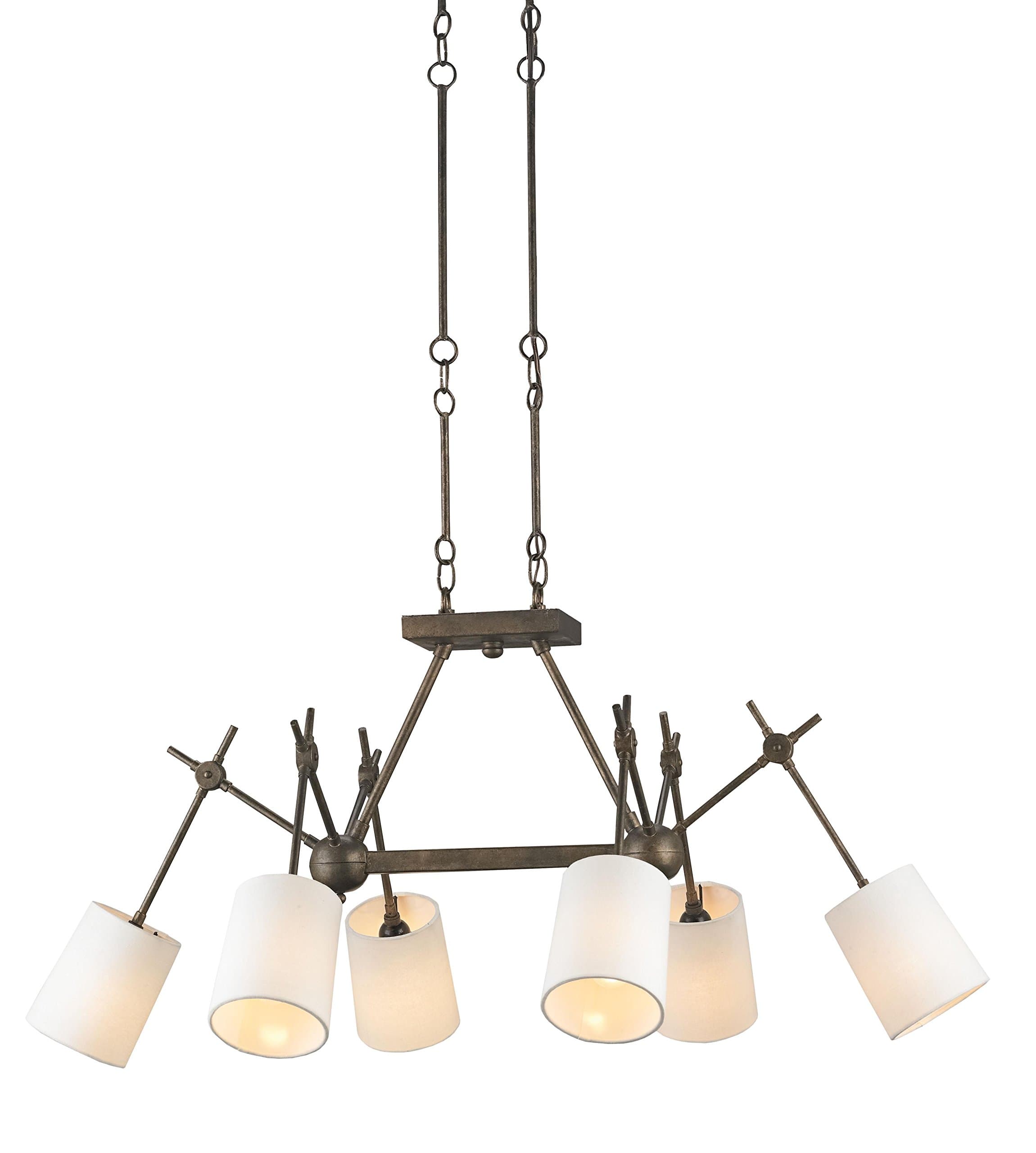 Currey and Company 9465 Compass - Six Light Rectangular Chandelier, Cupertino Finish with White Linen Shade