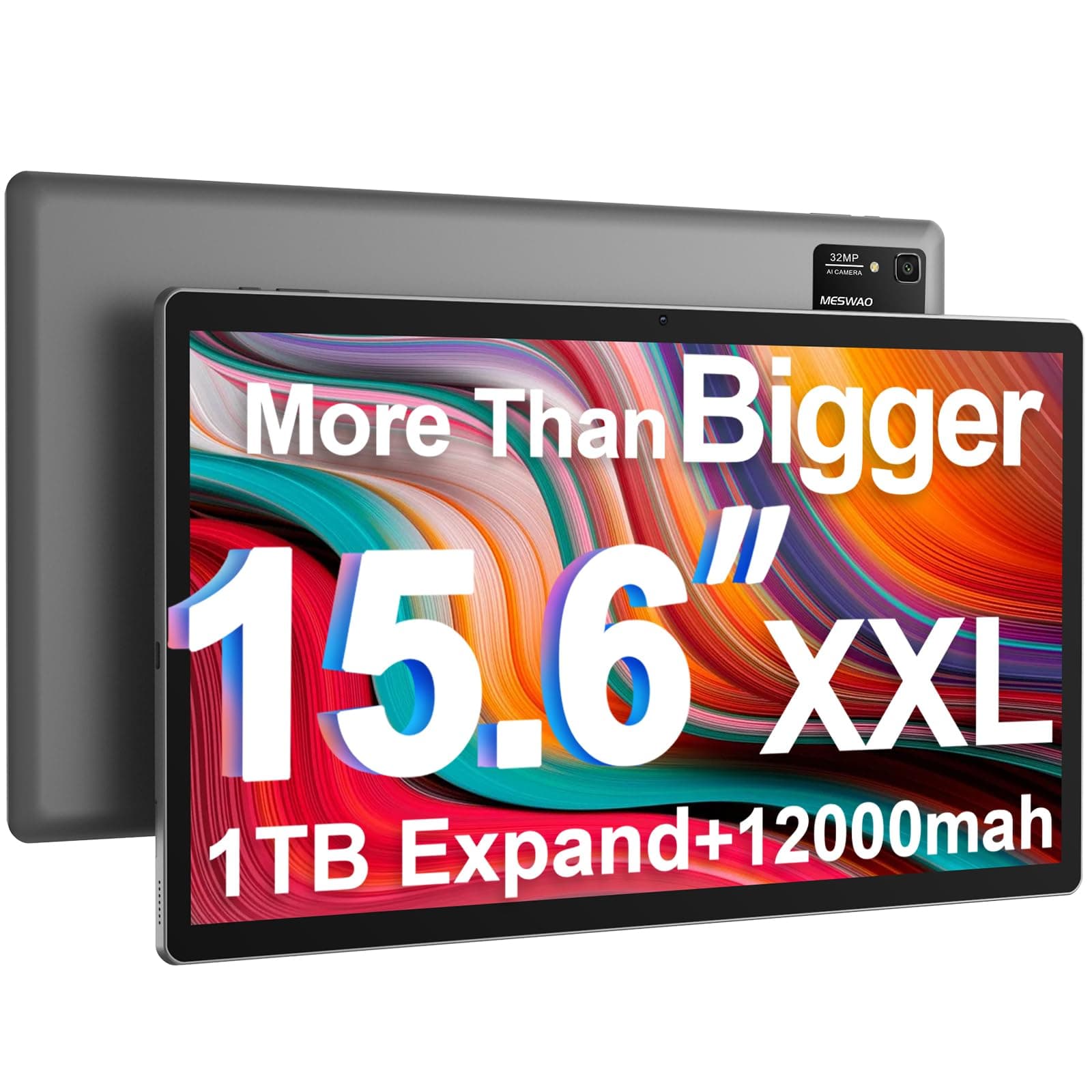 MESWAO 15.6 Inch Tablet 2025 Android 14 Large Tablets Upgraded FHD IPS Display, Helio G99 Octa-Core CPU, 6GB RAM+128GB+1TB Expandable, Wi-Fi 5, 12000mAh All-Day Battery Life, 5MP+32MP Dual Camera