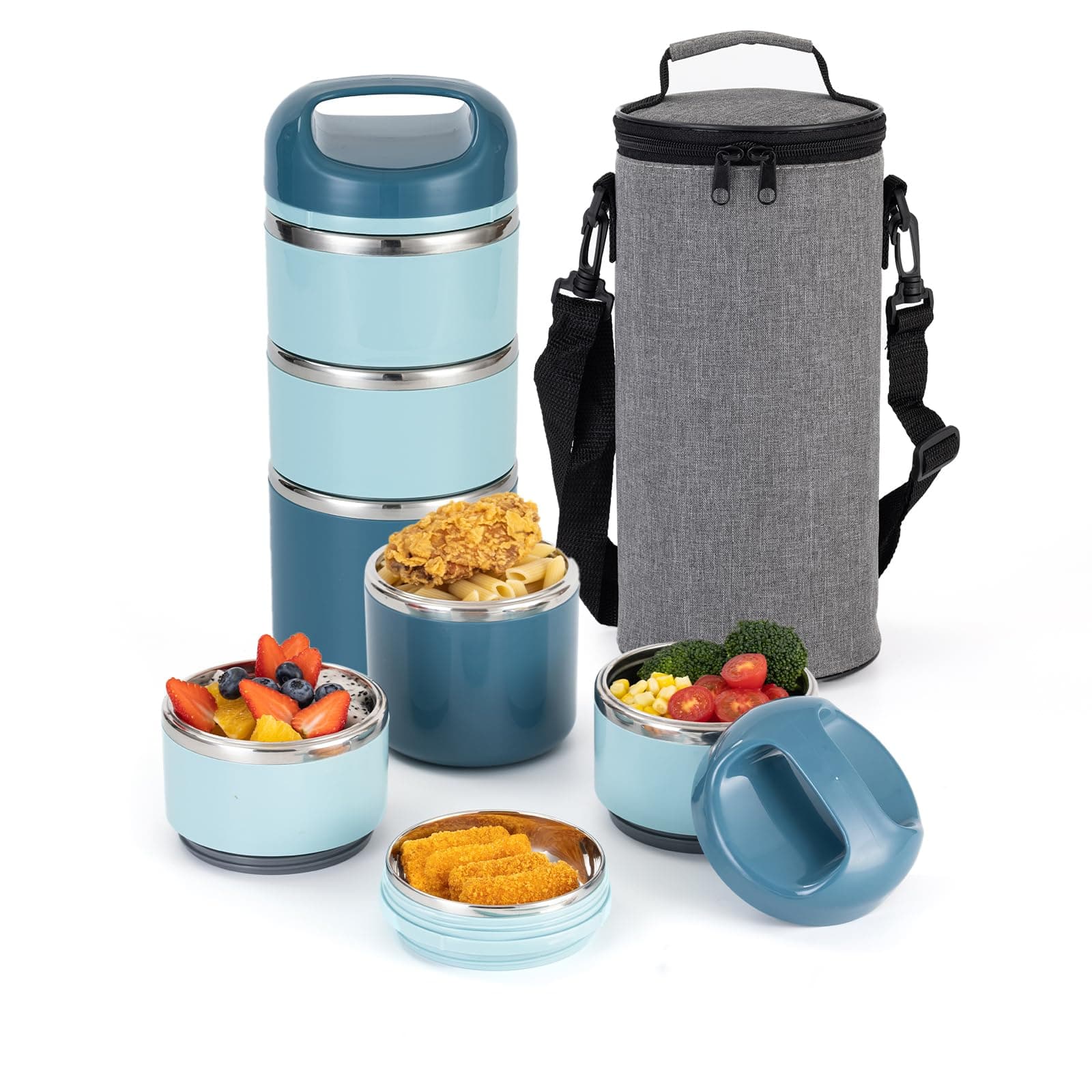 Lille Home Stainless Steel Lunch Box, Stackable 3 Layer Lunch Container for Adults Leak Proof Lunch Box Insulated with Bag (Blue)