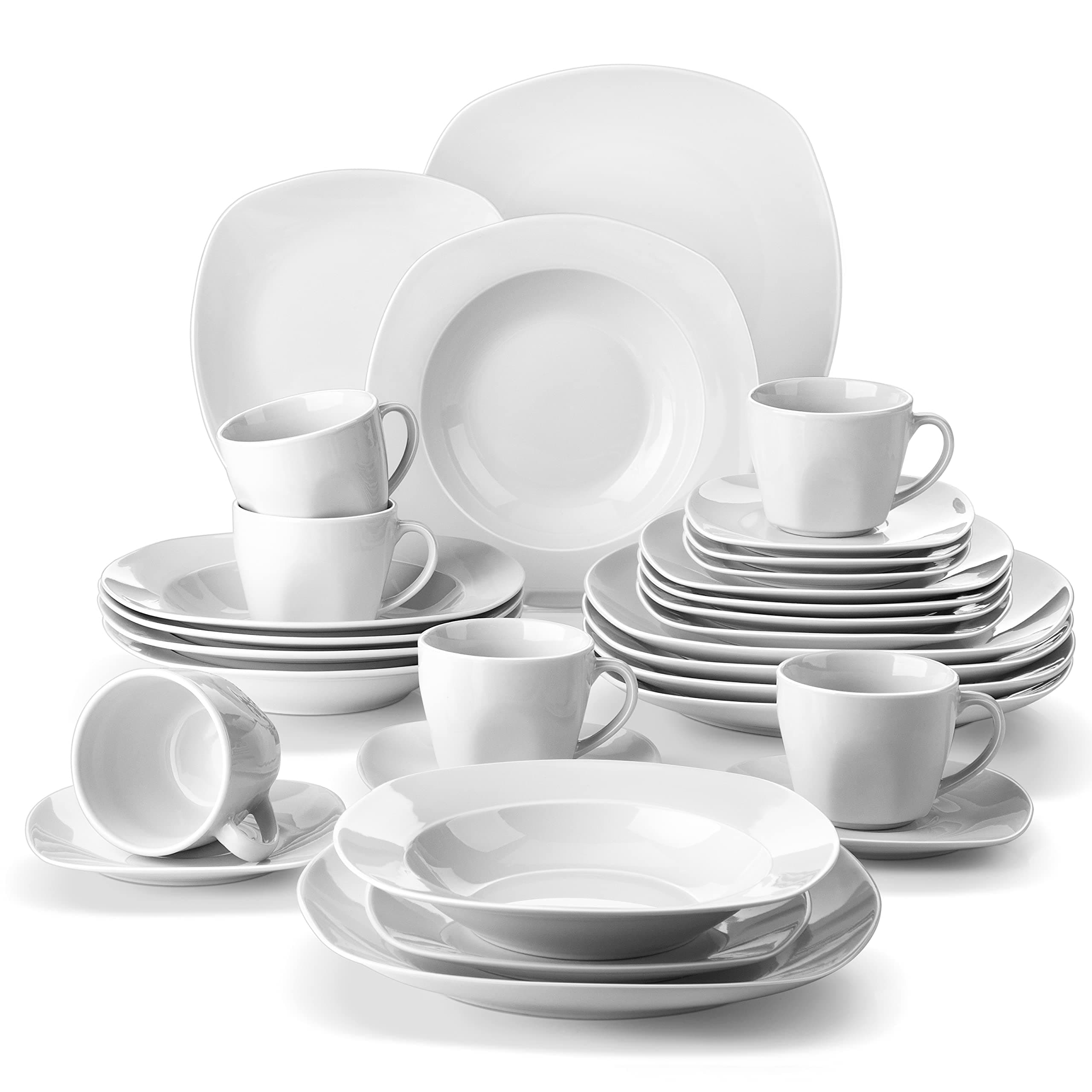 MALACASA 30 Piece Porcelain Dinnerware Set, Grey White Dish Set, for 6 People, Square Ceramic Dinnerware Set, Chip and Scratch Resistant Plate and Bowl Set, Cup and Saucer Series, ELISA