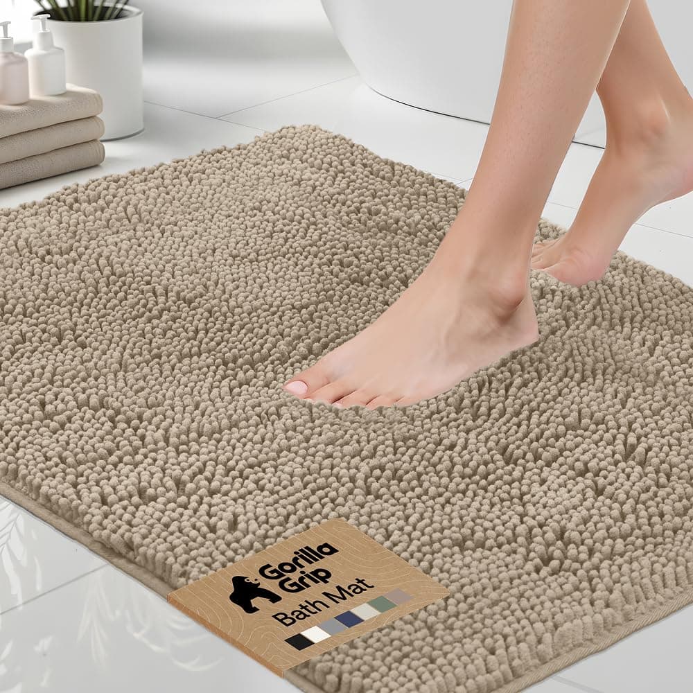 GORILLA GRIP Bath Rug Mat 36x24, Thick Absorbent Chenille, Quick Dry Microfiber Mats, Rubber Backing Washable Shower Floor Rugs, Bathmat Runner, US Designed Bathroom Home Decor Accessories Gray Beige