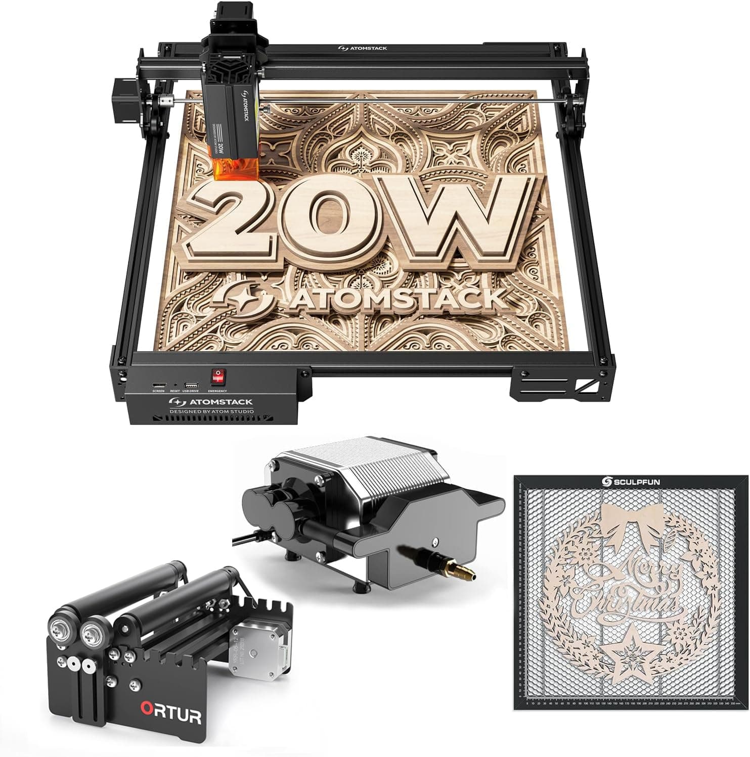 - ATOMSTACK A20 PRO V2 Engraving Machine, Cutter, 20W, 0.08*0.1mm Spot, App Control, All Aluminum Alloy Construction, 304 Stainless Steel Engraving (Engraving Machine + Honeycomb Board + Air Pump +