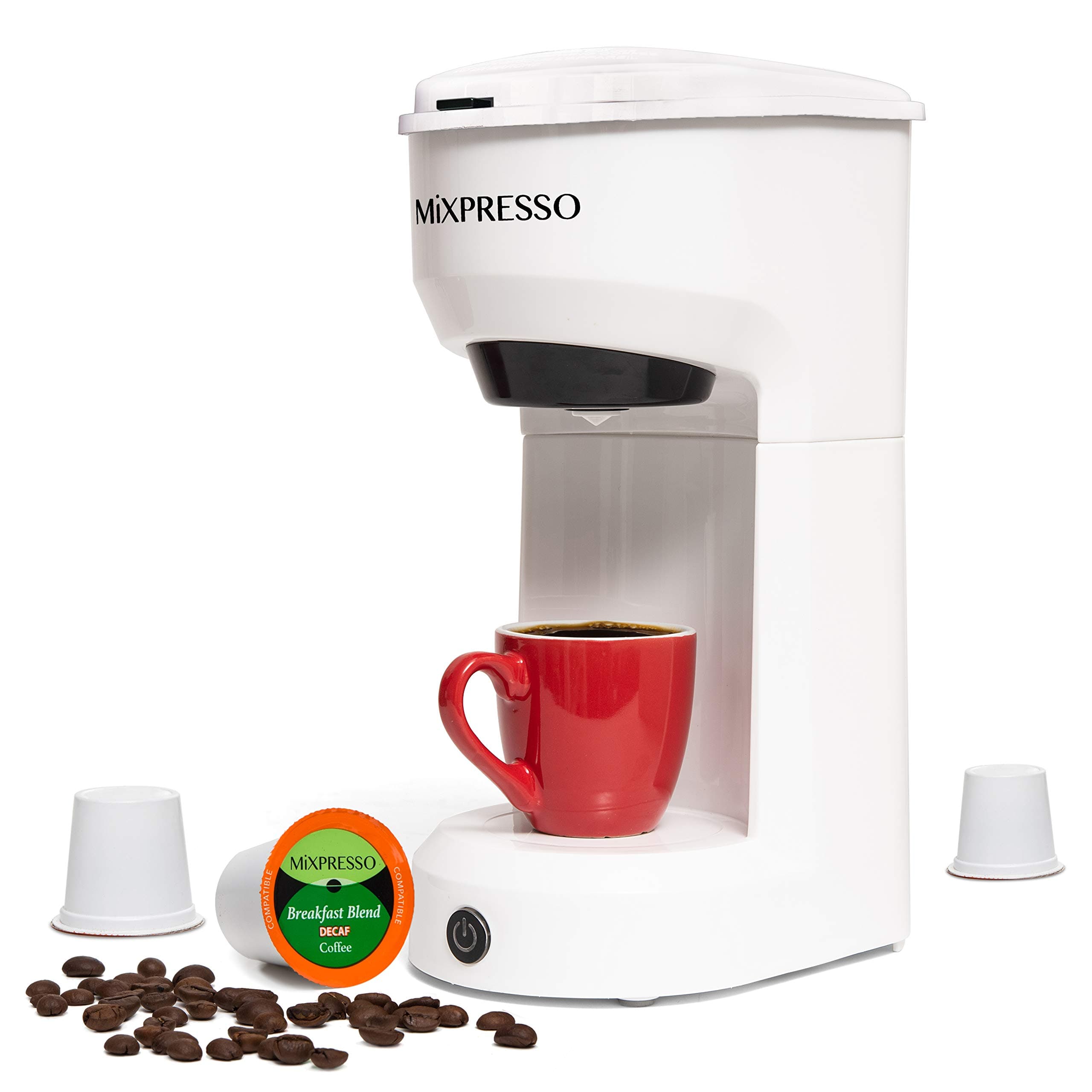 Mixpresso 2-in-1 Single Serve Coffee Maker - K-Cup & Ground Coffee Compatible - Fast 2-3 Min Brewing - Compact 14oz White Coffee Machine for Home Office