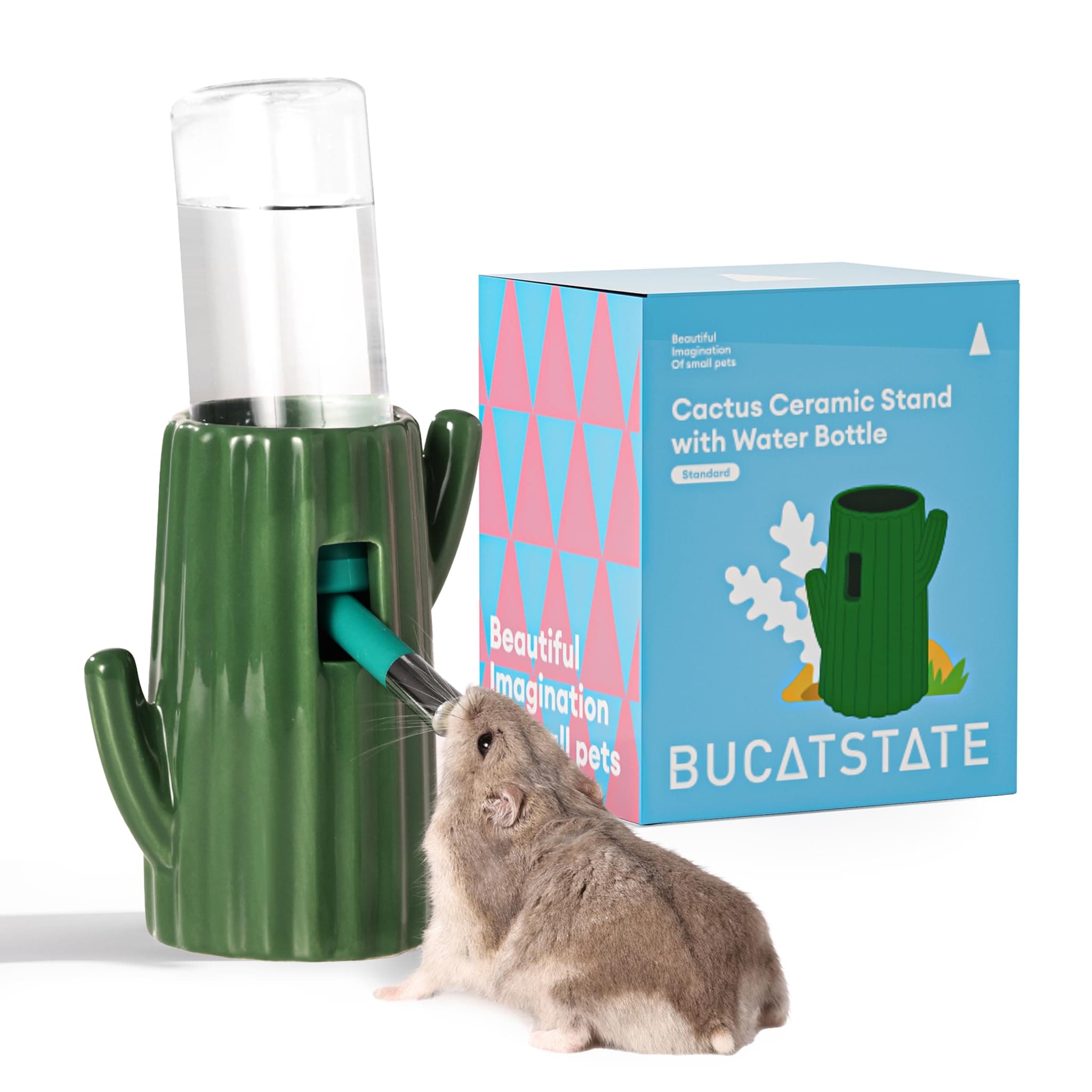 Cactus Ceramic Leakproof Hamster Water Bottle Gerbils Water Bottles with Holder Water Feeder for Small Animals (Green)