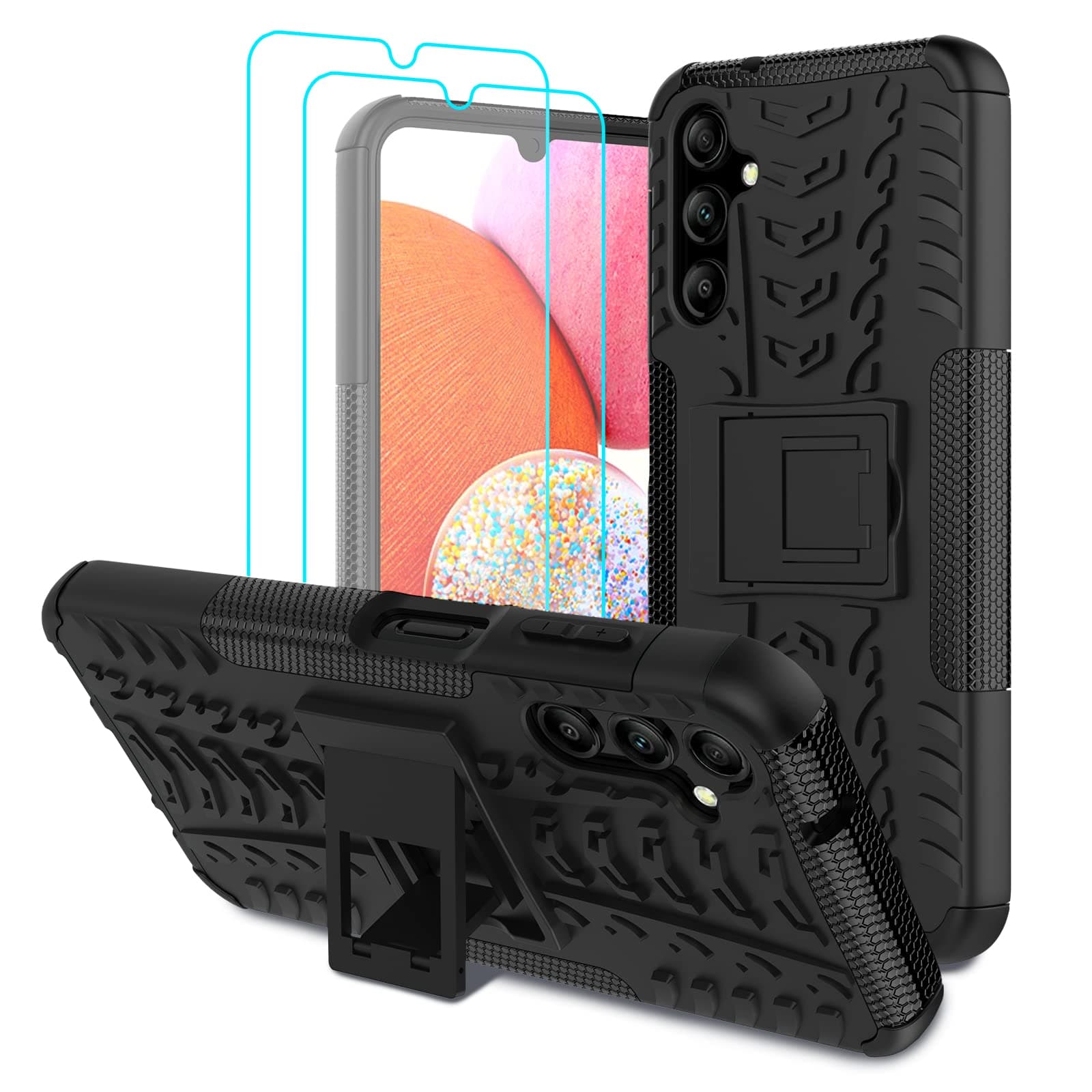 for Samsung Galaxy A14 4G/5G Case with 2 Pack Screen Protector,Military Grade Shockproof, Heavy Duty Robust Bumper Cover with Kickstand for Samsung Galaxy A14 4G/5G Phone Black