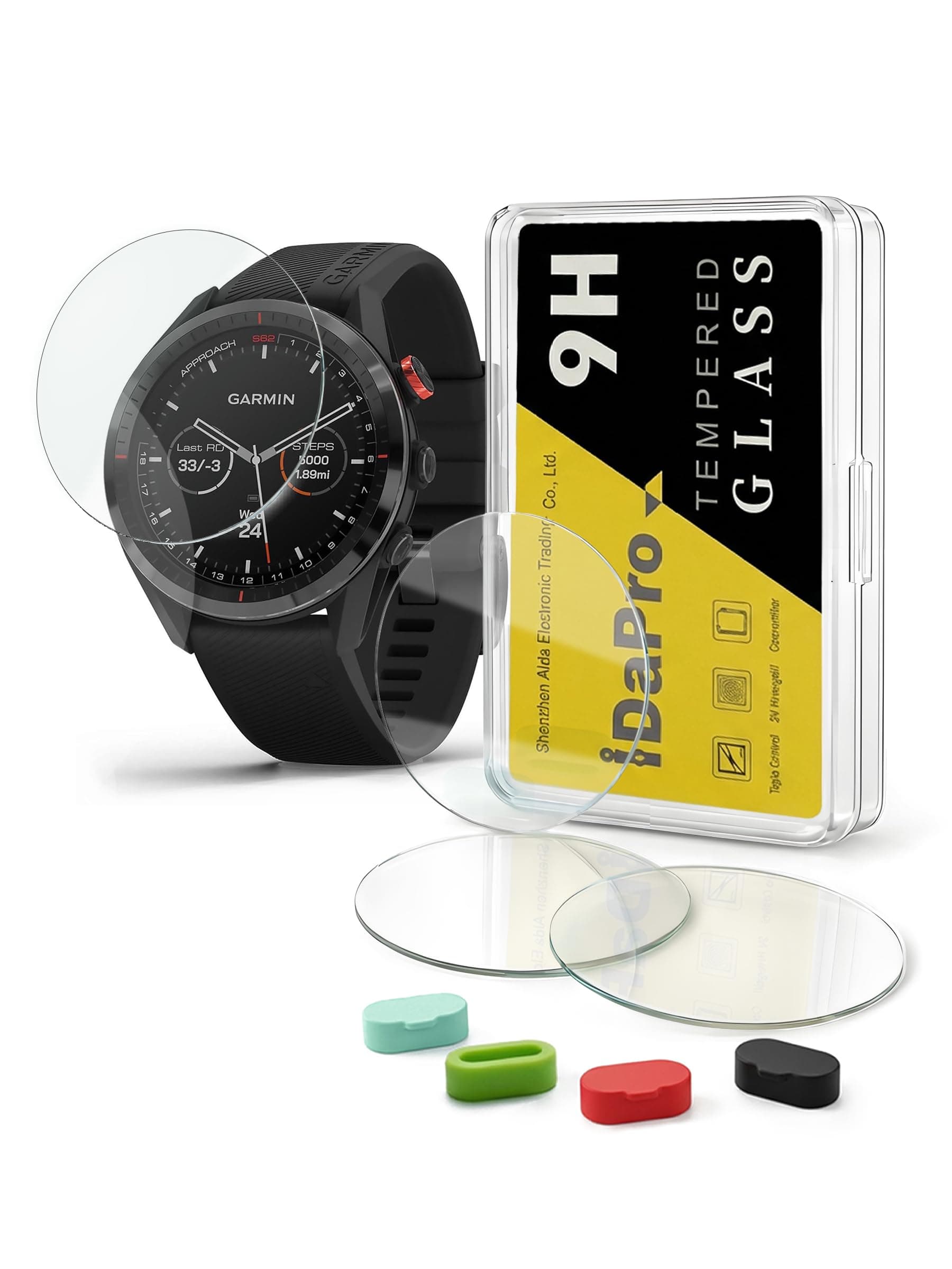 [4+4 Pack] Screen Protector for Garmin Approach S62 Golf smartwatch with Silicone Anti-dust Plugs, 9H Tempered Glass Protection Kit in Reusable Storage Case, Anti-Scratch,Bubble-Free,Easy Installation