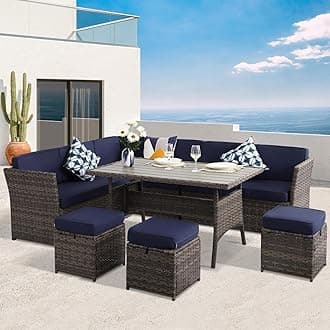 7 Pieces Patio Dining Sets, Patio Furniture Set, All Weather Wicker Conversation Set with Ottoman, Sectional Sofa with Dining Table and Chair (27Navy)