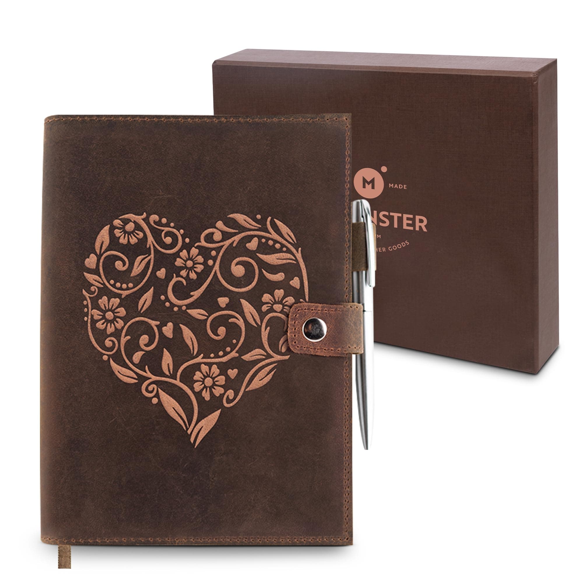 Vintage Refillable Leather Journal Notebook for Journaling – Handmade Leather Bound Writing Journal with Heart Embossing, Includes A5 Lined Paper & Silver Pen – Notebook for Women & Men