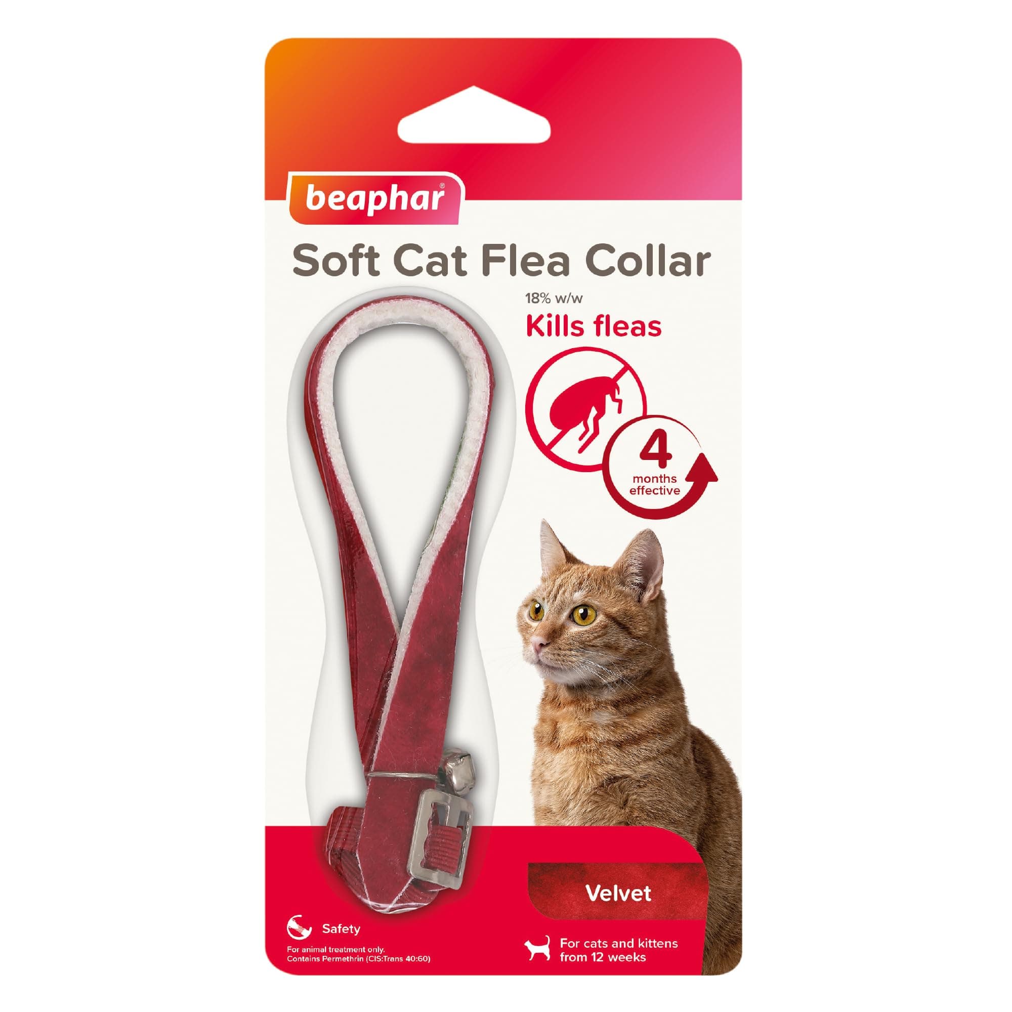 Beaphar, Soft Flea Collar for Cats, Kills Fleas For up to 4 Months, Veterinary Medicine, Adjustable With Safety Mechanism, For Cats From 12 Weeks of Age, 1 x Velvet Collar, Colours May Vary