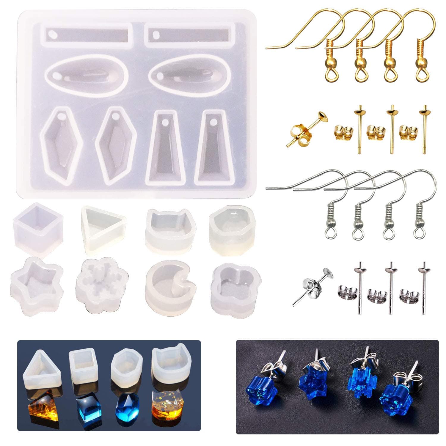 Woohome 36 PCS Stud Earring Mold Tool Included 9 PCS Silicone Resin Mould, 20 PCS Stud Earring and 8 PCS Ear Hook, Jewelry Casting Moulds Clear Tiny Ear for DIY Jewelry Craft Making