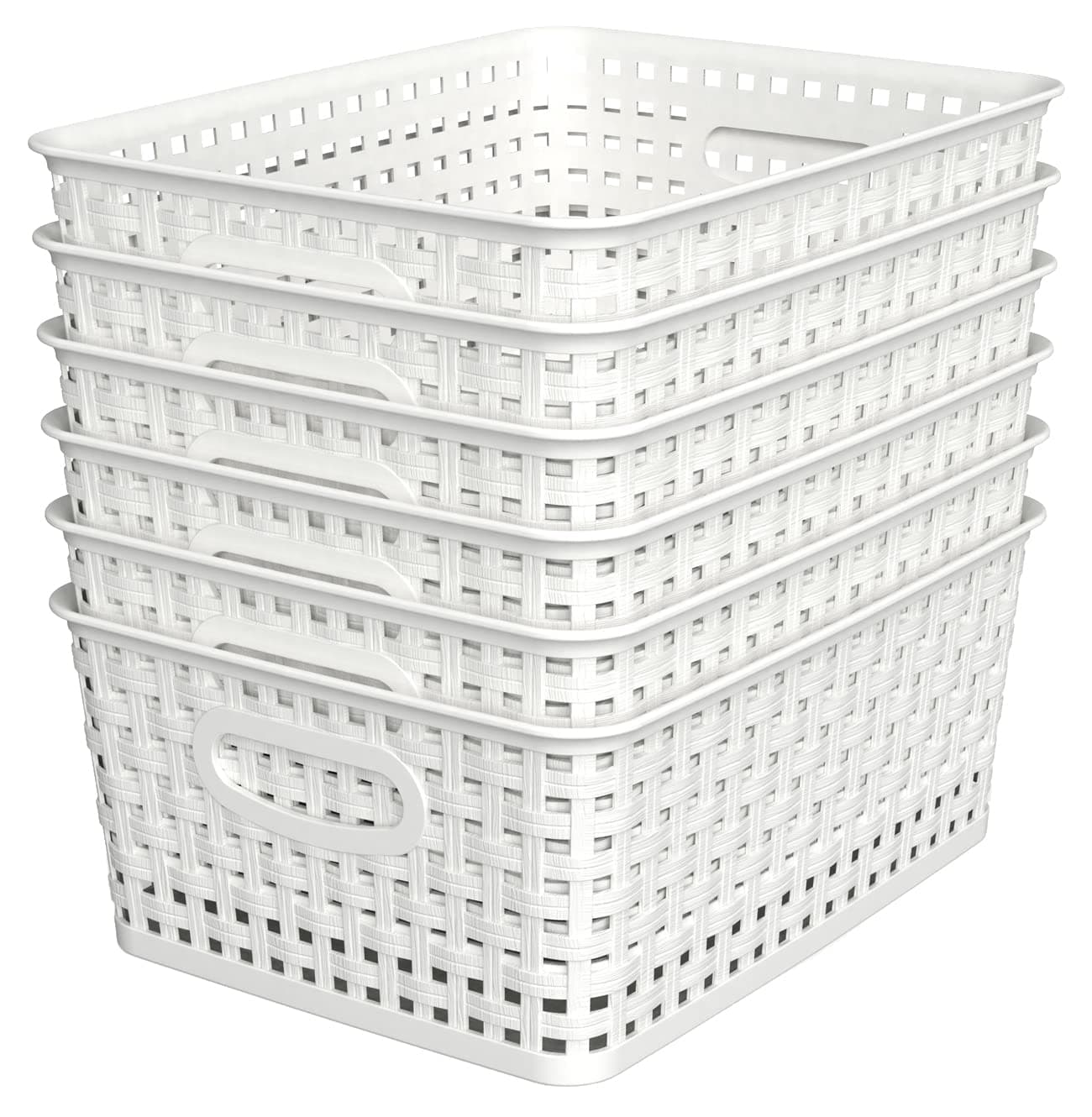 WYT Woven Plastic Storage Baskets, 6 Pack White Weave Bins Organizer, 10.1" x 7.55" x 4.1"
