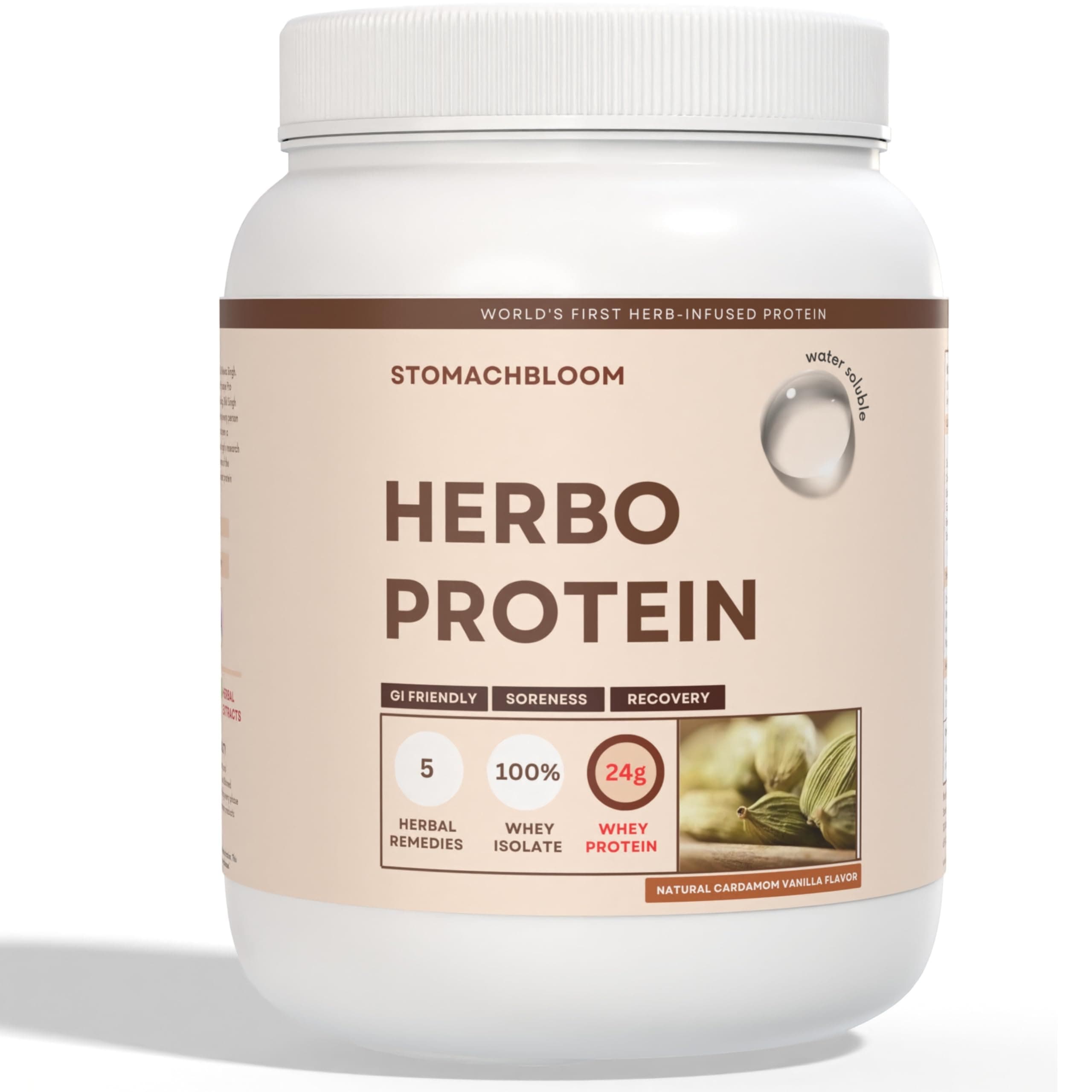 Herbo Protein 100% Whey Protein Isolate, Naturally Hydrolized. 24g of Protein, 2g of Sugar, Low Carb, Gluten Free, 2 Pound, 30 Servings, Vanilla - Cinnamon - Cardamom Protein Powder
