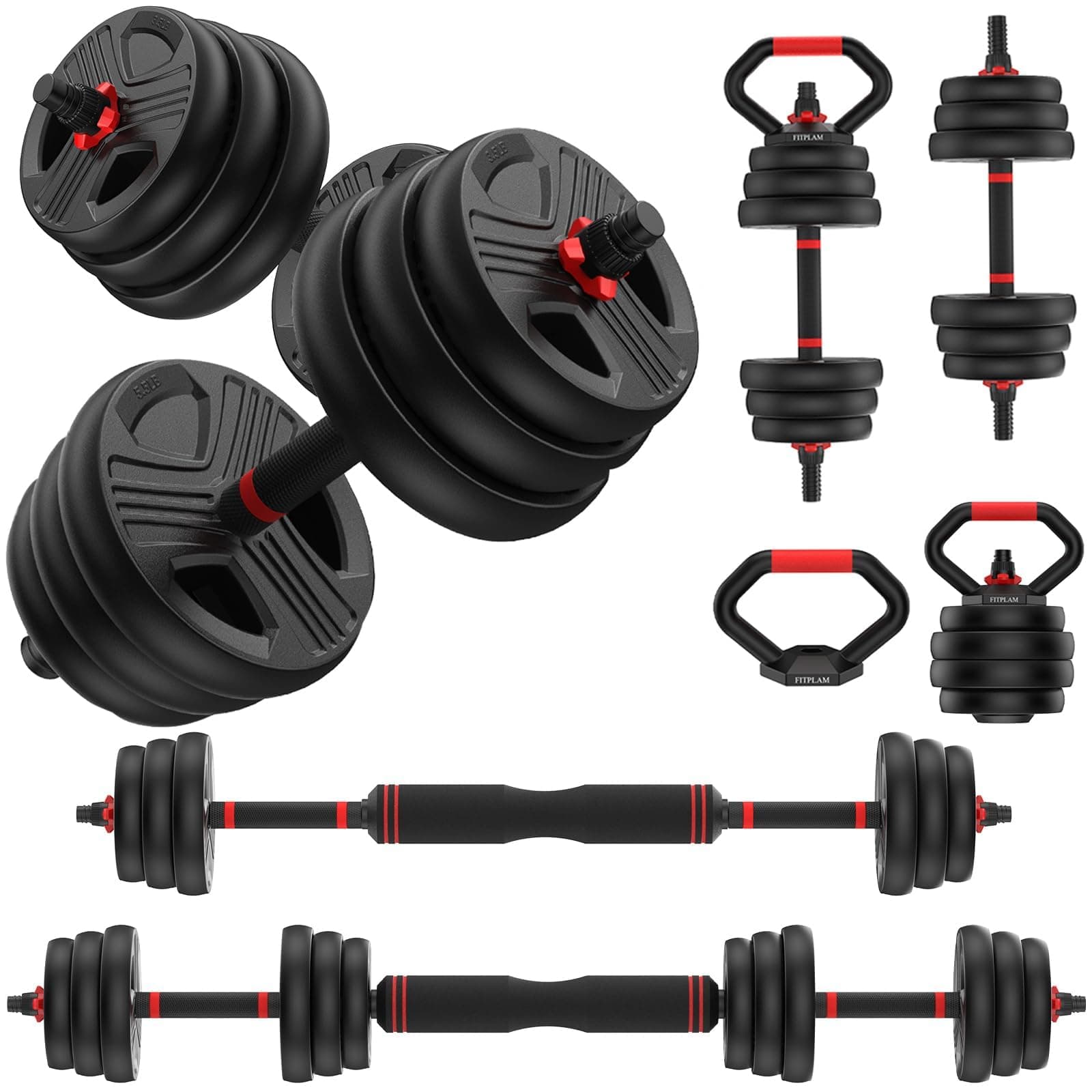 FITPLAM Adjustable dumbbell set,20/35/45/55/70/90lbs Free Weights set with upgraded nut, 5 in 1 Weight Set Used as Kettlebells, Barbell, Push up Stand, Fitness Exercise for Home Gym Suitable Men/Women