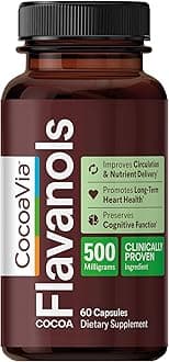 CocoaVia Cocoa Flavanols 500mg – Heart & Brain Support Supplement, High Flavanol Cocoa, Blood Circulation & Memory Booster, Nitric Oxide, Energy & Oxygen Boost, Vegan, Gluten-Free, 60 Capsules