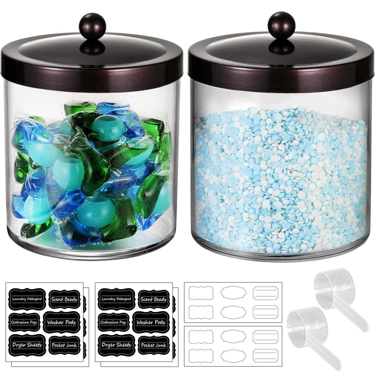 2 Pack 50 Oz Large Apothecary Jar with Lid, SheeChung Plastic Storage Jar for Laundry Bathroom Kitchen Vanity, Laundry Pods Bath Bombs Home Storage Canister Jar with Label Measuring Spoon(Bronze)