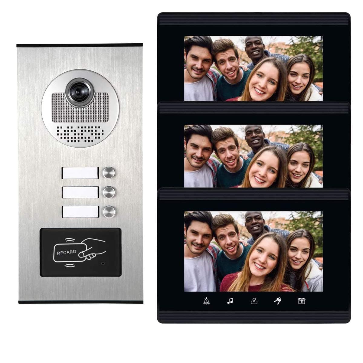 Upgrade Versions 3 Units Apartment Intercom System 7 inch Touch Monitor Video Door Phone Kits Support Ethernet Cable Connect, Single-Supply, ID Keyfobs Unlock for Home Apartment