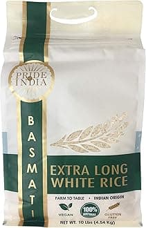 Extra Long Indian Premium White Basmati Rice, 10 Pound (4.54 Kilo) Reclosable Bag - Naturally Aromatic, Aged, Flavorful, Slender, Non Sticky Grains - Great Value for Money