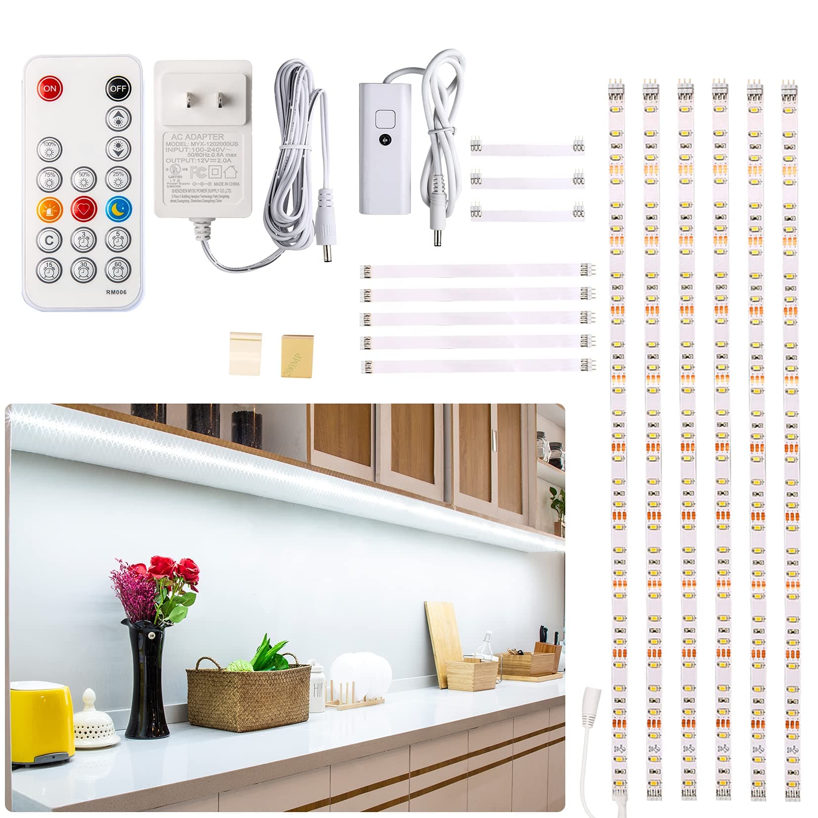 Under Counter Light, Dimmable LED Under Cabinet Lighting, 6 PCS LED Strip Light Bars with Remote Control for Kitchen,Shelf,Pantry,Showcase,Desk,Cupboard 6000K White, Timing, 16W 1500LM,9.8 ft