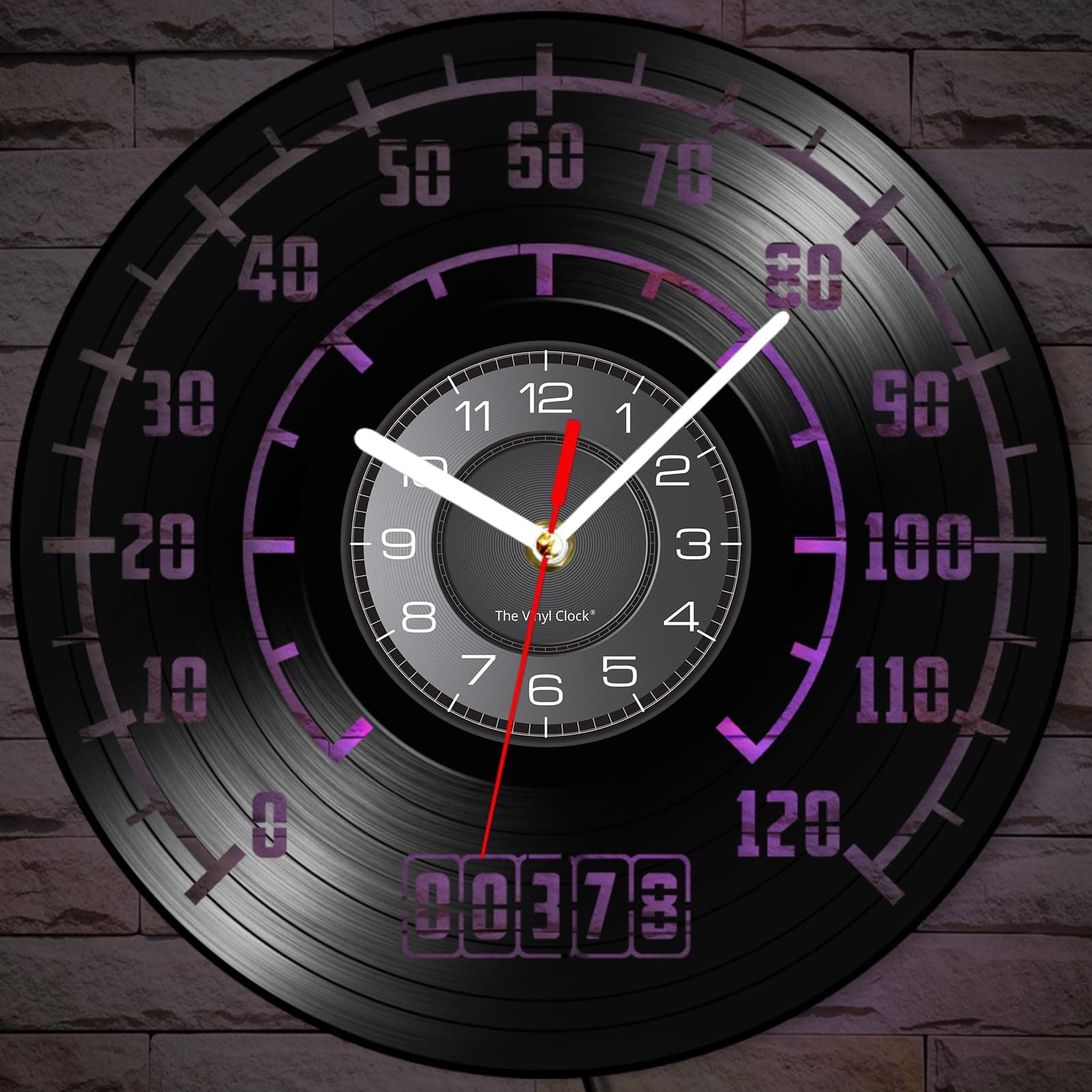 12'' Garage Wall Clock with Speedometer Dial 7 Kinds of LED Color, Car Theme Wall Clock Vintage Silent Vinyl Record Clocks Games Room Garage Man Cave Gifts for Dad and Husband Car Guys