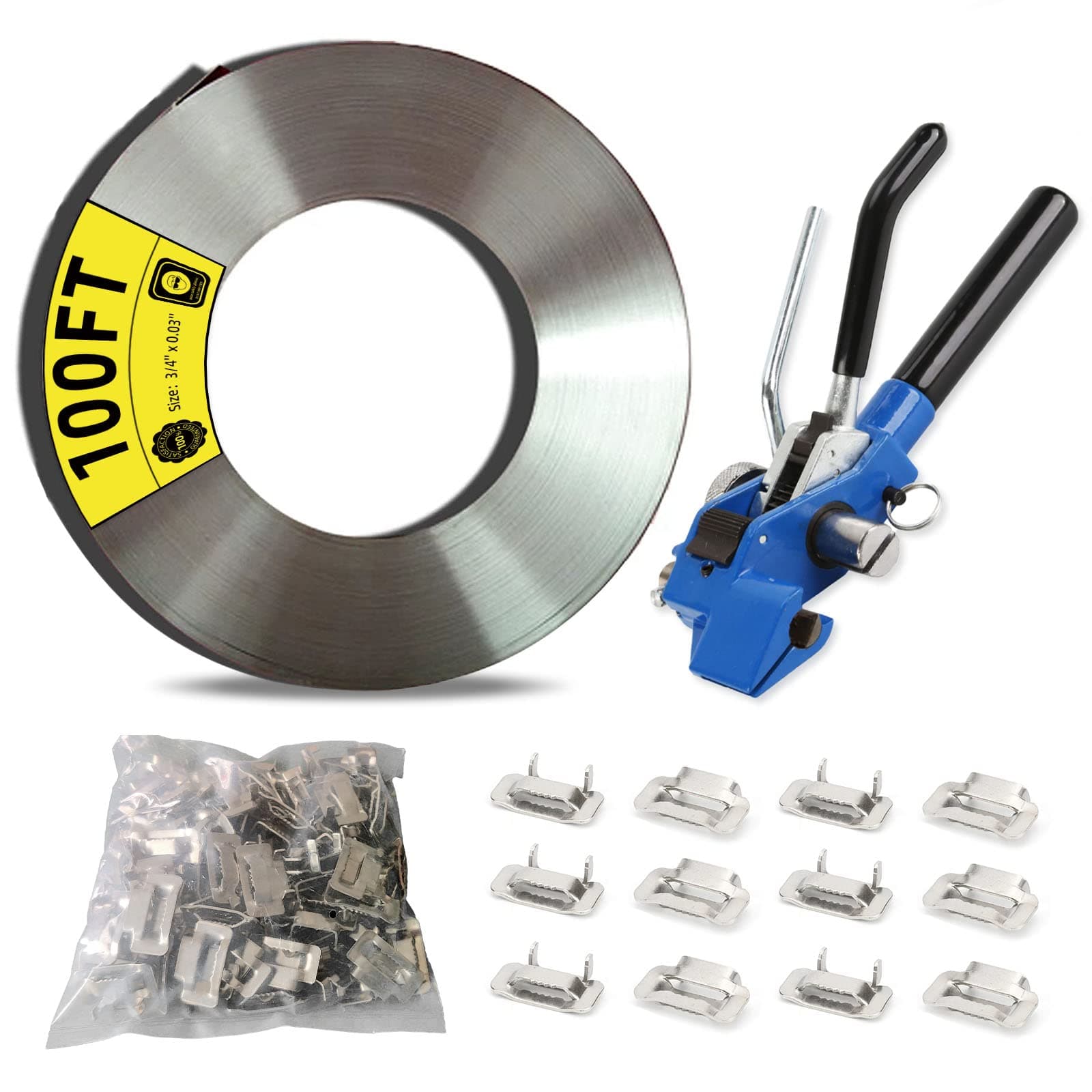 Packaging Strapping Banding Tensioner Tools Kit, 3/4" x 100 Feet 304 Stainless Steel Banding Coil, 100 Pieces Ear-Lokt Buckles. Complete Packaging Strapping Solution