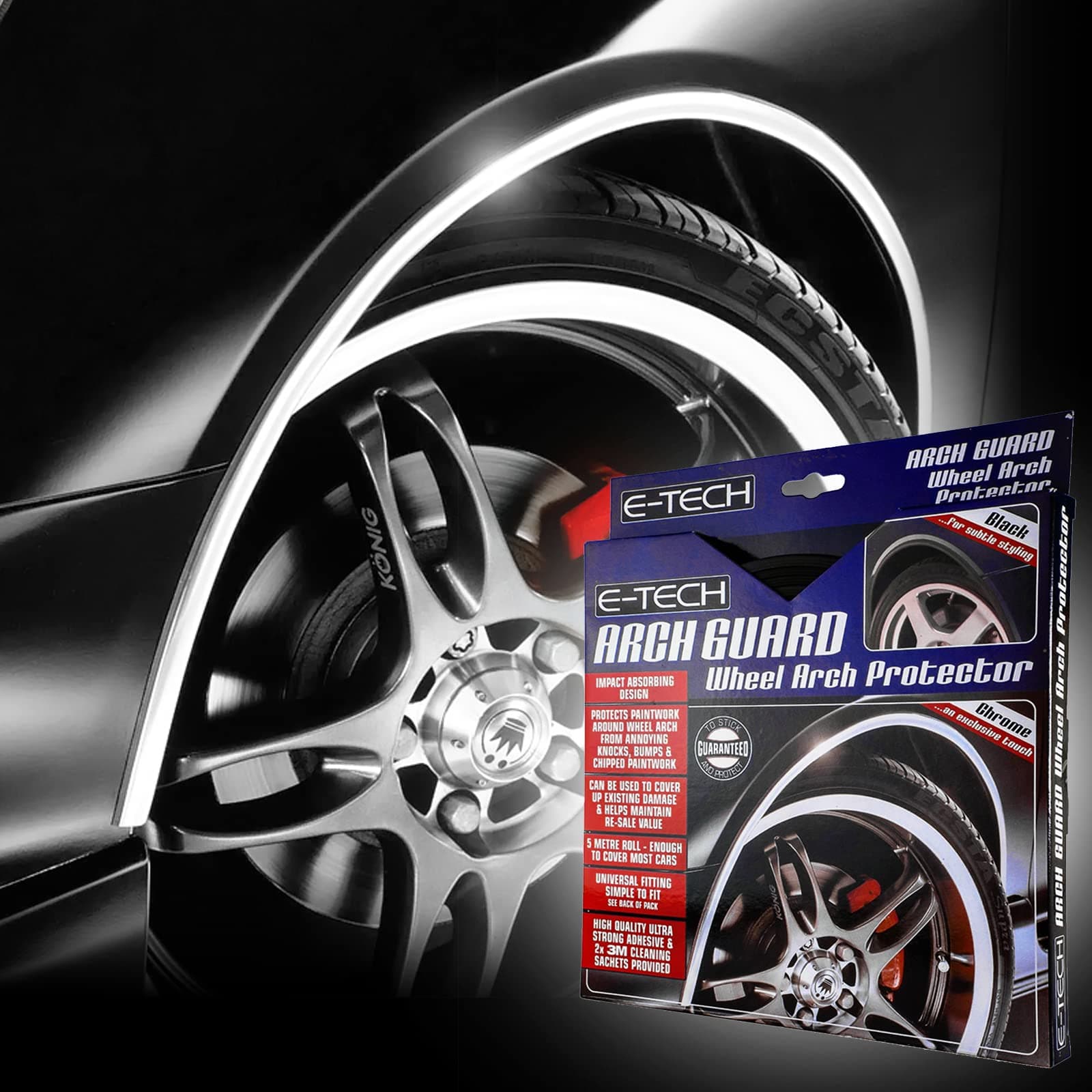 E-TECH CHROME Car Wheel Arch Guard Paintwork Protector 5 Meters Adhesive Roll