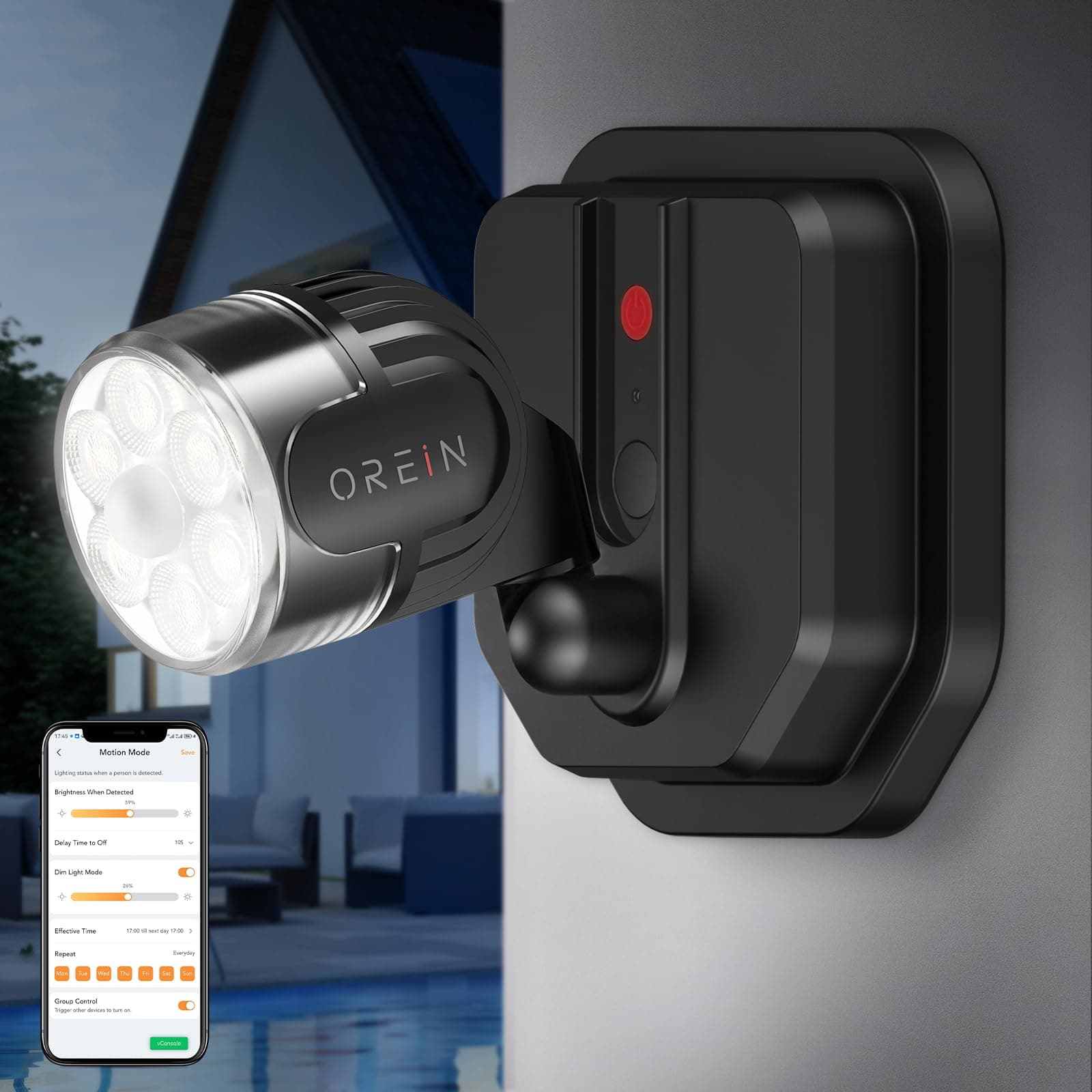 OREiN - Outdoor Motion Sensor Light, Smart Outdoor Motion Lights with Bluetooth App Control, 5000K LED Flood Light, Security Light with IP65