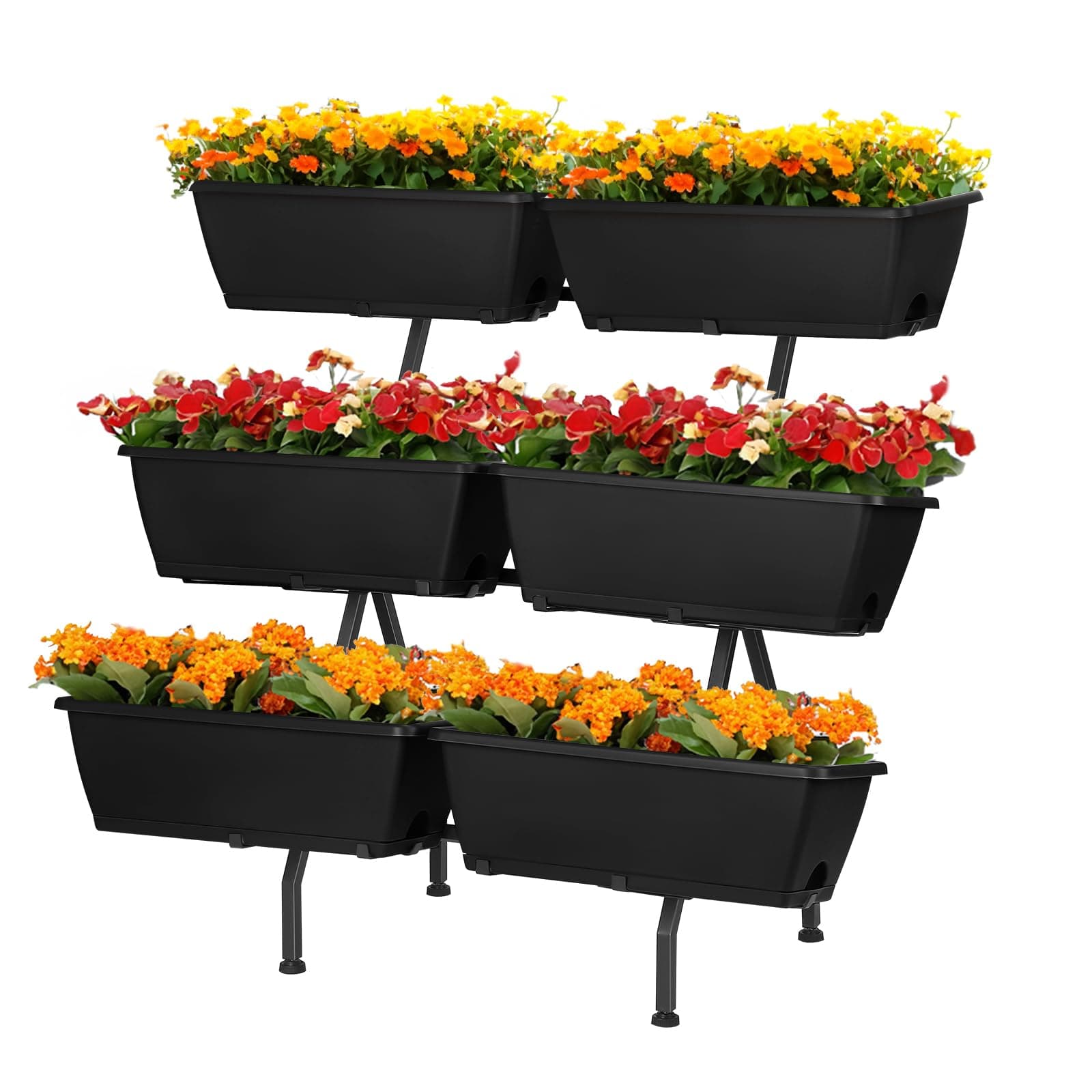 HEOMU 3 Tier Vertical Garden Planter with 6 Boxes, Vertical Raised Garden Bed with Adjustable Feet Pads, Raised Planter for Herb Flower Vegetable Plants in Patio Balcony Deck Indoor Outdoor, Black