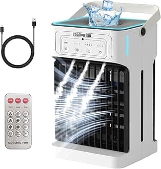 Portable Air Conditioner with Remote Control,Dual Motor & Dual Fan,1100ML Mini Air Conditioning Unit 2-8H Timer 6 Led Lights 3 Speeds 3 Mist Mode,USB Air Cooler Fan for Home Bedroom [Energy Class A+++]