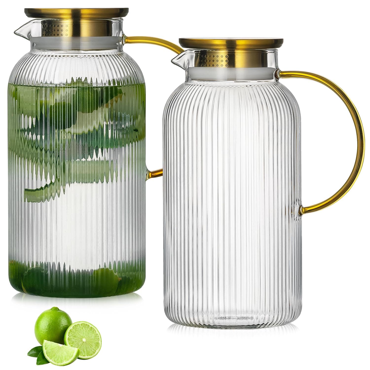Buaic 2 PACK Glass Pitcher with Lid, 68 oz/ 2 Liter Classic Vertical Stripes Water Pitcher with Handle,Glass Water Carafe for Cold Brew, Coffee, Lemonade, Iced Sun Tea,Beverage,Heat Resistant