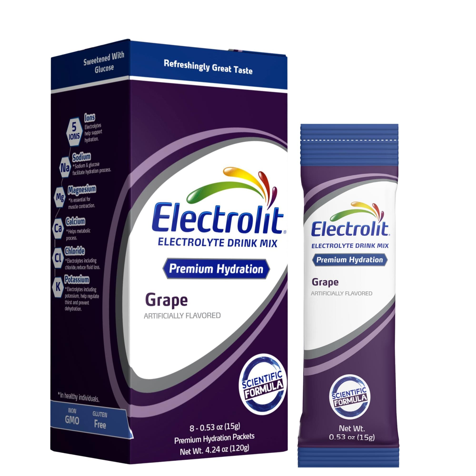Electrolit Electrolytes Powder Packets, Grape 8 Pack, Powdered Hydration Packets for Dehydration & Rehydration, Post Workout Flavored Hydrating Drink Mix, Gluten Free Daily Water Enhancer Sticks