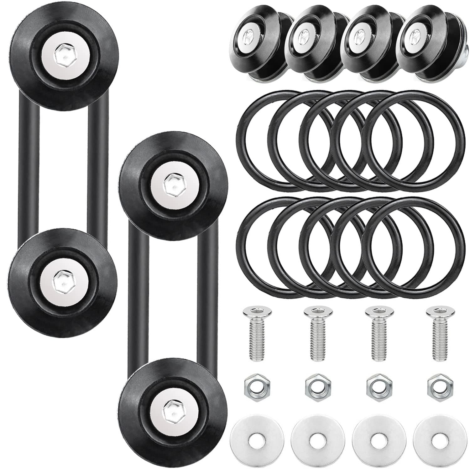 Bumper Quick Release, Mellbree JDM Quick Release Holders Front Rear Bumper Fasteners Trunk Band Fenders clip Kits Compatible for Universal Car Bumper (Black 4 x Release Tabs with 12 x O-Ring Fastener）