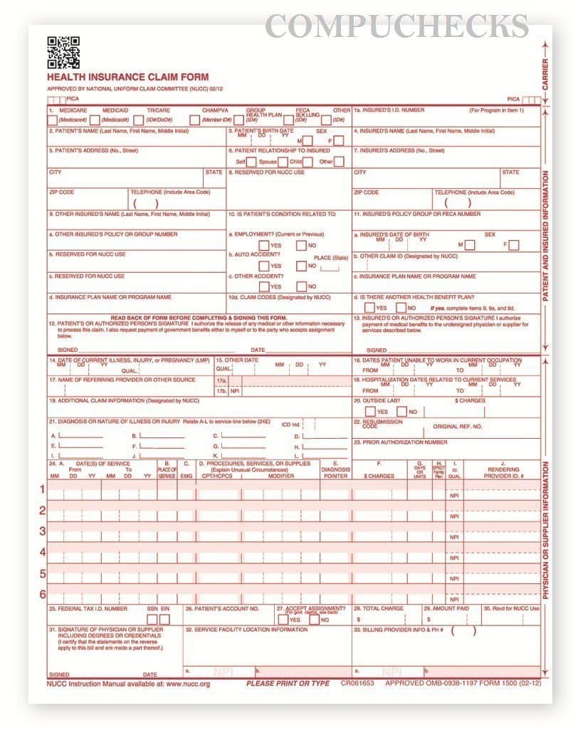 CMS-1500 Laser Printer Medical Claims Form - 1,000 sheets